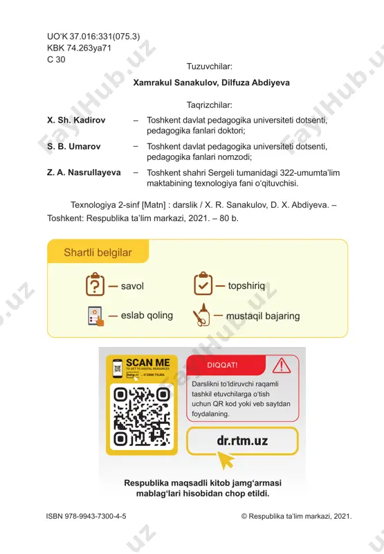 villing – cheksiz fantaziya. kvilling usulida gullar, hayvonlar, parrandalar va boshqa shakllar yasash............................................. 28 13-dars qog‘ozni modellashtirish va hajmdor panda shaklini yasash............................................. 30 14-dars suvosti saltanati. hajmdor applikatsiya usulida akvarium yasash. jamoa ishi..................................................... 32 15-dars nazorat ishi–2. yangi yil bayramiga taxlamali tabriknoma tayyorlash.................................. 35 16-dars bayram uchun niqob tayyorlash.................. 38 17—18-darslar hunarmand usta. g‘oya va ixtiro.................. 41 19-dars uy jihozlari shaklini yasash va kompozitsiya tuzish............................................................. 44 20-dars texnologik jarayon va uning bosqichlari..................................................... 47 21-dars o‘lchash va rejalash..................................... 50 22-dars harakatlanuvchi hajmdor o‘yinchoqlar yasash...................................... 54 23—24-darslar harakatlanuvchi yuk mashinasini yasash...................................... 57 25-dars qog‘ozdan velosiped maketini yasash............................................ 61 26-dars nazorat ishi–3. “chorraha” nomli kompozitsiyani applikatsiya usulida ishlash.............................................. 63 27—28-darslar harakatlanuvchi havo transportini (samolyot, vertolyot) yasash........................................... 65 29—30-darslar cd disklardan turli buyumlar yasash........................................................... 68 31—32-darslar polimer materiallardan suvenir yasash........................................................... 70 33-dars nazorat ishi–4. humo qushi shaklini yasash............................................. 73 34-dars applikatsiya usulida hajmdor guldasta tayyorlash....................................... 75 o‘tilgan mavzular yuzasidan topshiriqlar..... 77 4 4 kirish …