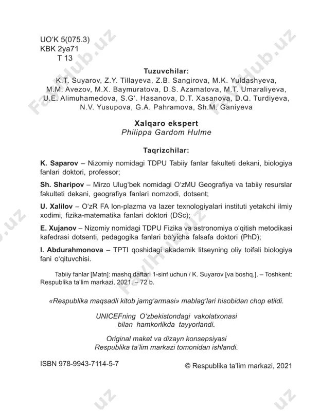 ezgi a’zolari bilan chiziq orqali tutashtiring. 2-topshiriq. berilgan jihozlar yordamida nimalarni o‘rganamiz? men izlanuvchiman!1-mavzu 5 3-topshiriq. qog‘ozdan ko‘z modelini yasang. darslikning 7-betidagi multimedia ilovasidan foydalaning. 6 1-topshiriq. jonli va jonsiz tabiatga tegishli ikkitadan rasm chizing. 2-topshiriq. rasmlarga qarang. tirik organizmlarga tegishli doirachalarni bo‘yang. jonli va jonsiz tabiatni o‘rganamiz amaliy mashg‘ulot 2-mavzu 7 3-topshiriq. bir xil rasmlarni toping. tirik organizmlar va jonsiz buyumlar sonini aniqlang. jonsiz buyum_______ o‘simlik__________ hayvon___________ 8 1-topshiriq. har bir qatordan tirik organizmlar va jonsiz jismlarni aniqlang. katakchalarni mos ravishda bo‘yang. tirik organizmlar uchun – yashil, jonsiz jismlar uchun – sariq rangdan foydalaning. 2-topshiriq. har bir ustundan ortiqcha rasmni toping va o‘chiring. javobingizni do‘stingiz bilan muhokama qiling. tirik organizmlar3-mavzu 9 3-topshiriq. raqamlarda yashiringan hayvonlar nomini ayting. 10 1-topshiriq. o‘simlik va uning o‘sishi uchun zarur omillarni chiziq bilan birlashtiring. bu omillarning o‘simlik uchun qanday ahamiyati bor? o‘simliklar o‘sishi uchun nimalar zarur?4-mavzu 11 2-topshiriq. o‘simlikni qanday sug‘orish zarur? o‘simlik to‘g‘ri …