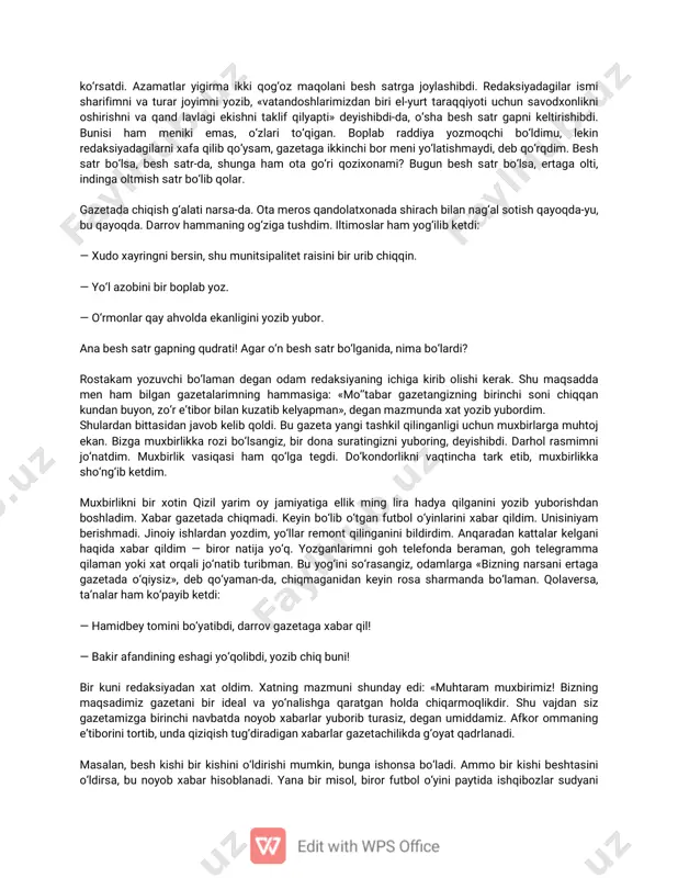 ng uchun she’rlarimni bosishmagan-da. «el-yurt taraqqiyoti uchun nimalar qilish kerak?» degan mavzuda yigirma ikki qog‘ozli maqola yozib, gazetaga jo‘natdim. shu maqolam biror aqlli odamning qo‘liga tushsa, gazetaning birinchi betida bosh maqola o‘rnida bosib chiqazishiga ishonchim komil. bir payt bir oshnam «gazetada maqolang chiqibdi», deb qoldi-yu. esim chiqib ketdi. o‘sha gazetani vergulidan nuqtasigacha, hijjalab o‘qigan edim-ku, nega ko‘rmabman-a. ammo shunda ham sirni boy bermadim. — bo‘sh vaqtlarda gazetalarga ul-bul yozib qo‘yaman. juda ko‘p redaksiyadan iltimos keladi-yu, lekin vaqt qayoqda bunga. maqolam qaysi birida chiqibdi? oshnam qo‘lidagi gazetaning beshinchi betini ochib, «gazetxonlar bilan suhbat» degan joyini ko‘rsatdi. azamatlar yigirma ikki qog‘oz maqolani besh satrga joylashibdi. redaksiyadagilar ismi sharifimni va turar joyimni yozib, «vatandoshlarimizdan biri el-yurt taraqqiyoti uchun savodxonlikni oshirishni va qand lavlagi ekishni taklif qilyapti» deyishibdi-da, o‘sha besh satr gapni keltirishibdi. bunisi ham meniki emas, o‘zlari to‘qigan. boplab raddiya yozmoqchi bo‘ldimu, lekin redaksiyadagilarni xafa qilib qo‘ysam, gazetaga ikkinchi bor meni yo‘latishmaydi, deb …