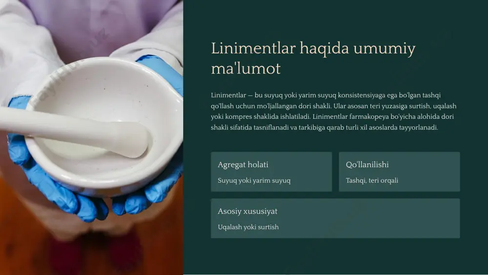 sovutuvchi ta'sir ko'rsatadi va qon aylanishini faollashtiradi. etanol asosi 70–90% li etil spirt ishlatiladi. antiseptik va erituvchi sifatida ishlaydi. dori moddalarini yaxshi eritadi. izoamil spirt kamdan-kam qo'llaniladi. maxsus dori shakllarida erituvchi vazifasini bajaradi. sovutuvchi ta'sir spirt bug'lanishi terini sovutadi va og'riqni kamaytiradi. bu xususiyat mushaklarni davolashda ahamiyatlidir. 6 spirt-yog'li aralashma asoslar spirt-yog'li linimentlar ikki muhit — spirt va yog' — aralashmasi asosida tayyorlanadi. bu turdagi linimentlar emulsiya tipida bo'lib, tebrantirilgandan so'ng bir xil massa hosil qiladi. ular spirtning antiseptik va yog'ning yumshatuvchi xususiyatlarini birlashtiradi. homogenizatsiya emulgator qo‘shish spirt o‘lchash yog' o‘lchash spirt-yog'li linimentlarning eng mashhur namunasi — turlington linimenti bo'lib, u tarkibida zaytun moyi, etanol va balzam moddalarini o'z ichiga oladi. 7 sovunli asoslar sovunli asoslar linimentlarda emulsifikator va asos sifatida qo'llaniladi. ular tabiat yog' kislotalarining natriy yoki kaliy tuzlaridan iborat bo'lib, suvda yaxshi eriydi va ko'piklanish xususiyatiga ega. sovunli linimentlar terini tozalaydi va dori moddalarini chuqurroq singdirishga yordam beradi. …
