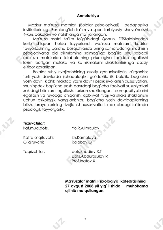 voyaga etguncha bo’lgan davridagi psixik taraqqiyotni o’rganadi.bundan tashqari,bolalar psixologiyasi muayyan yoshdagi bolalarga xos umumiy psixologik xususiyatlarnigina emas,balki har bir bolaning shaxsiga xos bo’lgan individual xususiyatlarni ham o’rganadi.shuning uchun maktabtagi ta’lim-tarbiya ishlari asoslanadigan fanlar orasida bolalar psixologiyasi alohida o’rinda turadi. bolalar psixikasining taraqqiyotini ilmiy kuzatishga dastlab mashxur tabiatshonoslardan charl’z darvin yo’l ochdi.charl’z darvin bola psixikasining taraqqiyotini kuzatishga doir o’zining kundalik xotira tipidagi asarini nash etgan edi.psixikaning eng yuksak bosqichi bo’lmish ong masalasiga kelsak,ong uzoq evolitsion taraqqiyot natijasi sifatida faqat insongagina xosdir.ong ijtimoiy-tarixiy sharoitda odam mehnat faoliyatining tarkib topishi hamda til yordamida boshqa odamlar bilan munosabatda bo’lishi natijasidir.demak,ongning birinchi xarakteristikasi unig turli bilimlar yig’indisidan iborat ekanligidir.ongning ikkinchi xarakteristikasi odamning o’z-o’zini anglash protsessida namoyon bo’ldi.odam tirik mavjudodlar tarixida birinchi bo’lib ob’ektiv olamdan ajralib chiqdi va o’zini tevarak- atrofdagi muhitga qarama-qarshi qilib qo’ydi.ma’lumki,odam har doim biror bir faoliyatda bo’ladi.har qanday faoliyatning esa o’z maqsati va motivlari bo’ladi.faoliyatda kirishishdan oldin maqsad va motivlarni belgilash ongning …