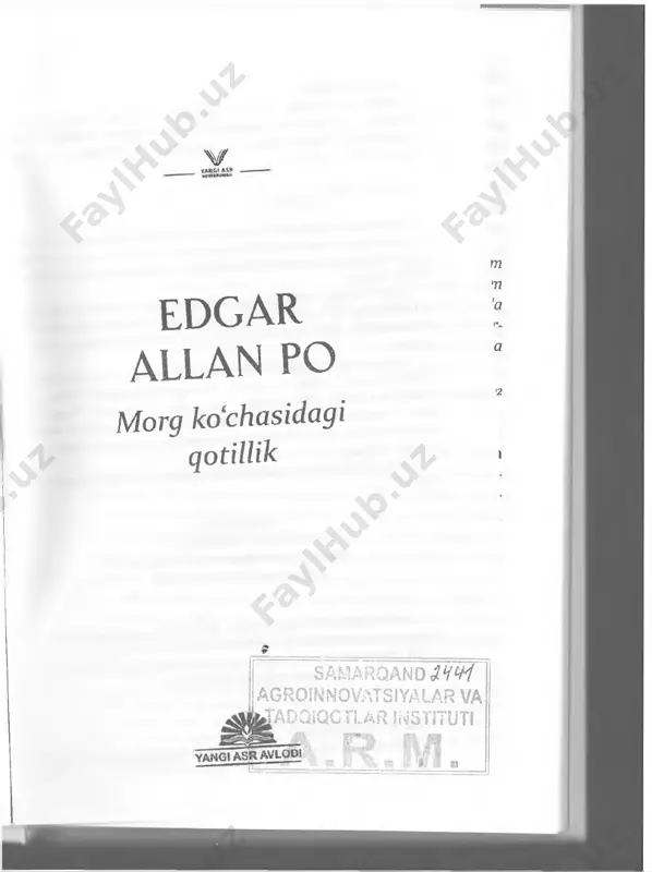 (mi- loddan awalgi 70-19-yillar) "georgiki” dostonida ham bu ism uchraydi. "ledi ligeyya tarixi - adabiyotning mo'jizalaridandir, uning tengi, o'xsha- shi yo'q", - deb yozgan edi ingliz dramaturgi bernard shou. hikoya birinchi marta 1838-yilda nashr etilgan.2 jozef glenvill (1636-1680) - ingliz ruhoniysi va faylasufi. u yerda iroda mujassamdir, unga esa o'hm yo'q. iroda sirlari va lining qudratidan kim ogoh? yolg'izalloh - borliq narsalarga o’z iroda qudrati ila kirib boradi. odam na farishtalar- ga va na o'limga o'zini butkul topshirmagay va bungayolg'iz irodasining ojizligi boisdir. jozef glenvilf qancha urinmay qanday qilib, qachon va hatto aynan qayerda ligeyyaxonim bilan tanishganligimni hech eslol- mayman. ui vaqtdan beri uzoq yillar o'tdi, endilikda xoti- ram ko'p dard-alamlardan zaiflashib qolgan. yoxud, balki men o'sha voqea tafsilotlarini endilikda eslay bilmasman, zotan, o'lay agar, sevgilimning tabiati, uning noyob bilim- donligi, takrorlanmas, ammo osuda go'zalligi hamda ma­yin, ohangdor so'zlarining o'ziga rom qilguvchi, to'lqinlan- tirib yuborguvchi zavqi yuragimni asta-sekin, lekin tobora …