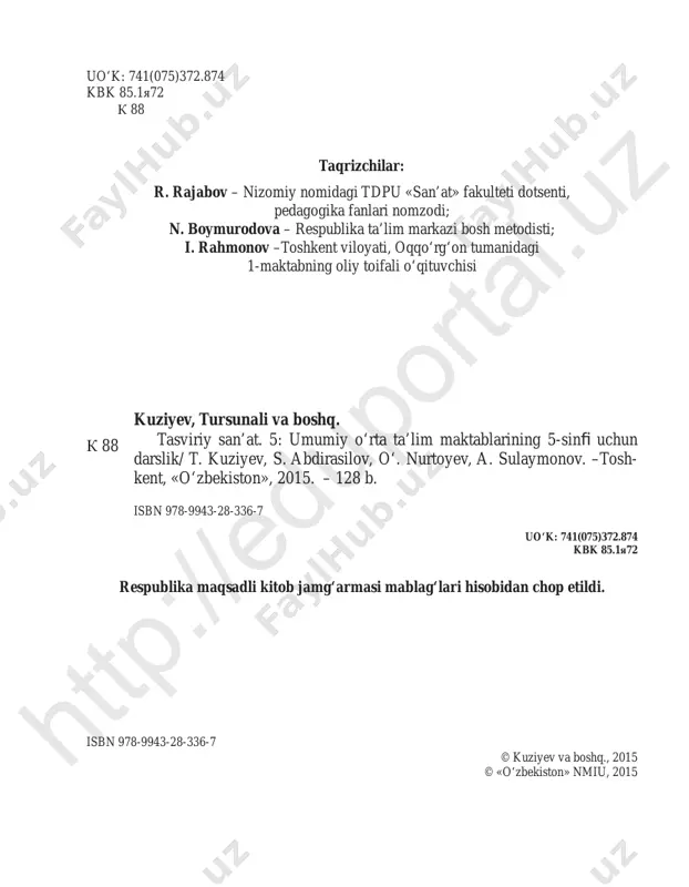 va van gog. «san-maridagi dengiz»htt p:/ /ed up ort al. uz htt p:/ /ed up ort al. uz 4 asarlarida shodlik tuyg‘usi, umid-orzular, xavotirlik, qayg‘u-g‘amginlik kabi insoniy hissiyotlarni ochib beradi. rangtasvir asari yaratishda rang surtmalari ifoda vositasi sifatida qo‘llaniladi. rassomlar rangtasvirda rang surtmalarining turli shakllaridan foydalanadilar. bu surtmalar rassomning ish uslubini belgilab beradi. mash- hur rassom van gog «san-maridagi dengiz» asarini yaratishda rang surtma- larini o‘rinli qo‘llaganini ko‘rishimiz mumkin. o‘zbekistonlik rassomlar rang surtmalaridan tasviriy san’atning ifo- daviy vositasi sifatida manzara, naturmort janrlarida ham mahorat bi- lan ijod qilganlar. musavvirlar m.nabiyevning «amir temur portreti», r.ahmedovning «yoz ne’ matlari» mavzuyida ishlangan asarlarida rang surtmalari o‘rinli qo‘l lanilgan. tasviriy san’atning rangtasvir turining asosi ranglar hisoblanadi. rang- tasvirda asarning emotsional ta’sir kuchini oshirish maqsadida uning maz- mun va mohiyatidan kelib chiqqan holda, ranglarning issiq va sovuq turlari- dan foydalaniladi. m. nabiyev. amir temur portreti r. ahmedov. yoz ne’matlari htt p:/ /ed up ort al. …
