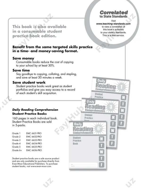 standards research- proven spaced practice contributes to retention of skills. isbn 978-1-60823-637-4 emc 3456 $29.99 usa 0 23472 03456 4 9 781608 236374 52999 correlated to state standards daily reading com prehension • 150 fiction and nonfiction passages • 30 weekly units include: –teacher lesson plan –5 reproducible student pages • direct instruction of reading strategies & skills • perfect for test prep • supports any reading program grade 6+ 6 + gr ade 6 + grade 6+ em c 3456 emc 3456 3456cvr.indd 6 6/28/10 1:51 pm visit www.teaching-standards.com to view a correlation of this book’s activities to your state’s standards. this is a free service. correlated to state standards this book is also available in a consumable student practice book edition. benefit from the same targeted skills practice in a time- and money-saving format. save money consumable books reduce the cost of copying to your school by at …