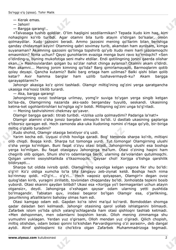 bargdan bir zumgina ko‘zini olib, akasiga qaradi. — ulushim ko‘milgan yerni aytaymi? so’nggi o’q (qissa). tohir malik www.ziyouz.com kutubxonasi 2 — kerak emas. — jahon! — bargga qarang!.. «talvasaga tushib qoldilar. o‘lim haqligini sezdilarmikan? tepada xudo kim haq, kim nohaqligini ko‘rib turibdi. agar otamni bila turib atayin o‘ldirgan bo‘lsalar, omon qolmaydilar. xudo jazosini beradi. ammo jazosini mening qo‘llarim bilan berishiga qanday chidayman keyin! otamning qabri sovimay turib, akamdan ham ayrilsam, kimga suyanaman? akamning qazosini qo‘limga topshirib qo‘yib xudo meni ham jazolamoqchi emasmikin? nima uchun? qaysi gunohlarim evaziga menga buni ravo ko‘rmoqchi? «sen o‘ldirding-u, buning mukofotiga seni mahv etdilar. endi qotilingning jonini qaerda olishar ekan...» mashoyixlardan qolgan bu so‘zlar nahot chinga aylansa? otamni akam o‘ldirdi. men akamni... mening jonim kimning qo‘lida? barg qimirlamayapti. barmoqlarim qotib qolay deyapi. qancha kutamiz? balki barg ertaga ham uzilmas? balki qishi bilan qolib ketar? axir hamma barglar ham uzilib tushavermaydi-ku? akam bargga qarayaptilarmi?» jahongir akasiga ko‘z …