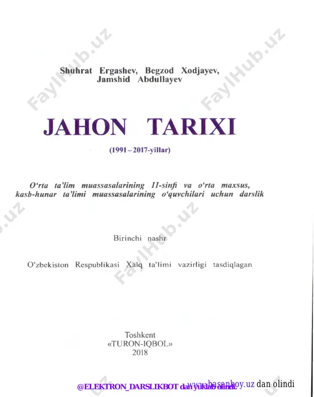 ur darslik shu davr voqealarini bayon qilish bilan birga, jamiyat taraqqiyotining hozirgi bosqichini tahlil qilish va mustaqil hayotga qadam qo‘yish arafasida turgan siz o‘quvchilarga o‘z hayo- tiy istiqbolingizni belgilab olish imkonini beruvchi bilimlarni shakl- lantiradi. bu bilim lar jahon xalqlari madaniyatining har biri o‘ziga xos noyob ekanligini, gumanizm va vatanparvarlik tamoyillari, fuqa- rolik jamiyati va huquqiy davlat g‘oyalariga asoslangan umuminsoniy qadriyatlarni anglashga ko‘maklashadi. jamiyat taraqqiyotining muhim qonuniyatlarini bilib olish, rivojlanishning o‘ziga xos yo‘llarini tushu- nish va istiqbollari haqida tasavvurlarga ega bo‘lish imkonini beradi. shuningdek, olgan bilim laringiz ilg‘or mamlakatlarning tarixiy tajriba- sini 0 ‘zbekistonda ijodiy qo‘llashga yordam beradi. d a r s l ik d a q o ‘l l a n il g a n q is q a r t m a so ‘z l a r : bmt — birlashgan millatlar tashkiloti nato (ingl. north atlantic treaty organization) — shimoliy atlan- tika harbiy bloki y i — …