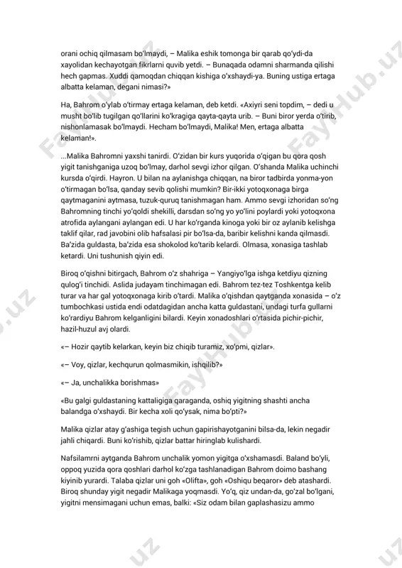 di? xuddi shu holatga birortasining ko‘zi tushib qolganda-chi? malika, balki bu narsalar haqida o‘ylamaslik kerakdir deganday, yostig‘ining ostidan kecha sotib olgan «hazrati ayol» nomli kitobni oldi. lekin uni o‘qish uchun chiroqni yoqish kerak edi. turishga erindi. narigi xonaga quloq tutdi. bolalar yo mukkasidan ketib dars tayyorlashyapti yoki jimgina o‘tirib shohmot o‘ynashyapti. uncha katta bo‘lmagan oshxonada esa eri hamon televizor ko‘ryapti shekilli, qandaydir futbol o‘yinining shovqini eshitilib turardi. «yo‘q, yaxshilab o‘ylab olishim kerak. agar u tentak ertaga yana keladigan bo‘lsa, orani ochiq qilmasam bo‘lmaydi, – malika eshik tomonga bir qarab qo‘ydi-da xayolidan kechayotgan fikrlarni quvib yetdi. – bunaqada odamni sharmanda qilishi hech gapmas. xuddi qamoqdan chiqqan kishiga o‘xshaydi-ya. buning ustiga ertaga albatta kelaman, degani nimasi?» ha, bahrom o‘ylab o‘tirmay ertaga kelaman, deb ketdi. «axiyri seni topdim, – dedi u musht bo‘lib tugilgan qo‘llarini ko‘kragiga qayta-qayta urib. – buni biror yerda o‘tirib, nishonlamasak bo‘lmaydi. hecham bo‘lmaydi, malika! men, ertaga albatta kelaman!». ...malika …
