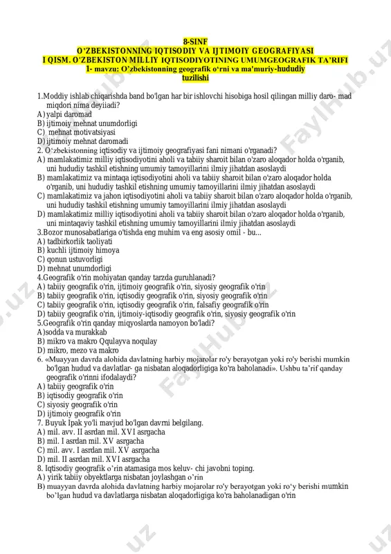 latning harbiy mojarolar ro'y berayotgan yoki ro'y berishi mumkin bo'lgan hudud va davlatlar- ga nisbatan aloqadorligiga ko'ra baholanadi». ushbu ta’rif qanday geografik o'rinni ifodalaydi? a) tabiiy geografik o'rin b) iqtisodiy geografik o'rin c) siyosiy geografik o'rin d) ijtimoiy geografik o'rin 7. buyuk ipak yo'li mavjud bo'lgan davrni belgilang. a) mil. avv. ii asrdan mil. xvi asrgacha b) mil. i asrdan mil. xv asrgacha c) mil. avv. i asrdan mil. xv asrgacha d) mil. ii asrdan mil. xvi asrgacha 8. iqtisodiy geografik o’rin atamasiga mos keluv- chi javobni toping. a) yirik tabiiy obyektlarga nisbatan joylashgan o’rin b) muayyan davrda alohida davlatning harbiy mojarolar ro'y berayotgan yoki ro‘y berishi mumkin bo’lgan hudud va davlatlarga nisbatan aloqadorligiga ko'ra baholanadigan o'rin c) jahonning erkin iqtisodiy mintaqalari, jahon savdo yollari, yirik savdo-sanoat markazlari va tabiiy boyliklardan foydalanish im- koniyatlariga ko'ra belgilanadigan o'rin d) okean va dengizlarga yaqinligiga ko'ra belgilanadigan o'rin 9. buyuk ipak yo'li qaysi …