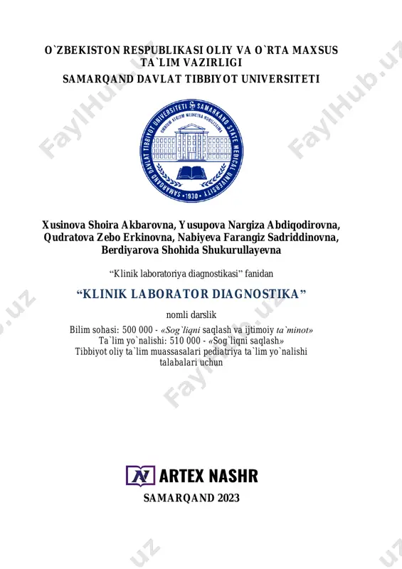 lik va uning belgilarini asoslash, kasallikga tashxis qo`yish uchun zamin yaratib beradi. klinik laboratoriya diagnostika bilimlari talabalarning nazariy bilimlarini chuqurlashtirish, kasalliklarni aniqlashda gematologik, umumklinik va biokimyoviy tekshirish usullaridan to'g'ri foydalanishni o'rgatadi. isbn: 978-9943-9328-2-1 © artex nashr, 2023 © xusinova shoira akbarovna, yusupova nargiza abdiqodirovna, qudratova zebo erkinovna, nabiyeva farangiz sadriddinovna, berdiyarova shohida shukurullayevna klinik laborator diagnostika 3 mundarija kirish ............................................................................................................................... 7 i. bob. qon tarkibi. qonning umumiy tahlili .......................................... 8 laboratoriyada sifat nazorati .............................................................. 9 laborator tekshiruvlar profillari ................................................... 11 laboratoriya tibbiyotining zamonaviy texnologiyalari. .. 17 immuno-ferment analiz (elisa) ............................................................... 17 gemopoez tushunchasi ................................................................................ 21 ii. bob. qon guruhlari va rezus omilini aniqlash, guruh va individual moslikni o’tkazish .................................................................... 41 donor va retsepiyent qonining induvidual mosligini aniqlash bo`yicha metodik tavsiyalar ............................................ 50 iii. bob. qonning bioximik taxlili ............................................................... 54 uglevodlar almashinuvining buzilishi. qandli diabetning laborator diagnostikasi ........................................................................... 84 insulin ................................................................................................................... 87 glyukoza .........................................................................................