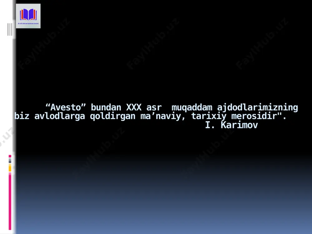 viy kurashchi sifatida tasvirlangan. olimlarning aniqlashicha, jannatdagi hurlar to’g’risidagi rivoyatlar “avesto”obrazlari orqali (asosida)shakllanadi. zardushtiylikning hozirgi shakli forsiylik. hozirgi paytlargacha saqlanib qolgan dafn marosimlari o’ziga xos xususiyatlari mavjud: murdalar bir necha past- baland “sukunat minoralari” ”dahmalar"ga solinadi, u yerda murdalarning go’shtlarini qushlar yeydi; go’shtdan tozalangan suyaklar minora o’rtasidagi chuqur quduqga sochib yuboriladi. bunda “halol” bilan “harom”ning bir-biriga yaqinlashmasligiga erishiladi. zardushtiylik ibodatxonalarida mangu olov yonib turadi. zardushtiylikning asrlar mobaynida mazmun- mohiyati o’zgarib keldi, arshakiylar va sosoniylar davrida davlat diniga aylangan. o’zbekistonda chop qilingan “avesto” kitobida chizilgan ushbu rasmda darvish qiyofasi tasvirlangan. hamda uning ostida shunday so’zlar yozilgan: "darvishlarning anduhlarni yaratguvchi mehribonlik va javonmardligini olqishlaymiz". "yetti buyuk yasht" “avesto” dagi ma’lumotlarga ko’ra, o’rta osiyo aholisining ijtimoiy-iqtisodiy munosabatlar quyidagicha bo’lgan. nmana oila jamoasi vis patriarxal urug’ jamoasi zantu qabila jamoasi dahyu qabilalar ittifoqi “avesto” umumiy ma’lumot: yaratilgan vaqti va joyi: 2 ming yil davomida og’zaki tarzda shakllanib, m.a. iii asrda arshakiylar tomonidan kitob holiga …