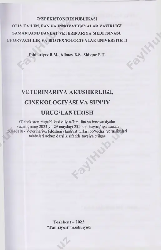 <)'. - veterinariya ilmiy tadqiqot instituti, laboratoriya mudiri, vet.fan.doktori. isbn: 978-«910-743-2-3-8 2 m u n d a r ija bet annotasiya 2 i-bob kirish. fanning maqsad va vazifalari 15 kirish. veterinariya akusherligi va suniy urugmantirish fanining rivojlanish tarixi 15 turli urg‘ochi hayvonlar jinsiy a’zolaming anatomo- morfologik va fiziologik xususiyatlari. tuxum hujayrasining yetilishi (ovogenez). 19 turli erkak hayvonlar jinsiy organlarining anatomo- morfologik va fiziologik xususiyatlari, erkaklik jinsiy gormonlari. jinsiy reflekslar. spermatozoidlaming rivojlanishi (spermiogenez). 27 ii-bob hayvonlardan urug‘ olish va baholash usullari 33 turli nasldor erkak hayvonlardan urug‘ olish va urug‘ni baholash usullari. 33 spermatozoidlaming zichligi va harakatchanligini aniqlash. spermatozoidlaming o‘lik-tirikligini va patologik shakllarini aniqlash. 40 spermatozoidlarga fizikaviy va kimyoviy omillaming ta‘siri. 42 ill-bob urug‘ fiziologiyasi va bioximiyasi. urug‘ni suyultirish va saqlash usullari 47 umg‘ni hajmi, rangi, spermatazoidlami tuzilishi, harakati, tarkibi. 47 urug'ni suyultirish va saqlash usullari 48 iv-bob hayvonlarni tabiy va sun’iy urugmantirish usullari 59 texnik osemenatoming kalendarini yuritish. nasilchilik va …