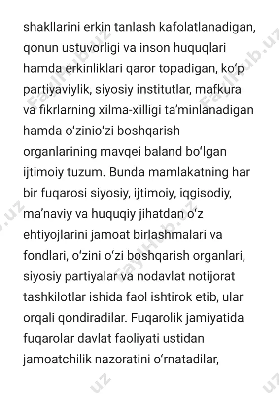 ʻgʻri va adolatli boʻlishiga alohida eʼtibor beriladi. bu gʻoyalar 17-asrga kelib keng rivojlandi. jumladan, t.gobbs asarlarida takomillashtiriddi. 18-asr buyuk fransuz inqilobi davrida inson va fuqaro huquklari deklaratsiyasi eʼlon qilinishi bilan esa fuqarolik jamiyati tushunchasi keng tarqala boshladi. chunki jamiyatning teng huqukli aʼzolari — "fuqarolar" tushunchasi paydo boʻldi, ular jamiyat va davlat manfaatlari bilan bogʻlangan shaxsiy manfaatlarini anglay boshladilar. kant, russo, gegel, popper ilgari surgan fikrlar fuqarolik jamiyati ning yangidan-yangi qirralarini, umuminsoniy qadriyat sifatidagi mohiyatini ochib berdi. sharqda fuqarolik jamiyatining oʻziga xos talqini mavjud. bu, bevosita, axloq, madaniyat va maʼnaviyatning huquq bilan uygʻunlashgan, feʼlatvor, xattiharakatlar va qoidameʼyorlarning uzviy uygʻunlashgan shakli bilan bogʻliq. jumladan, eng qad. madaniy tarixiyhuquqiy yodgorlik — avestoda kishilarning uyushib yashashi, oʻzaro munosabatlar va aloqalarning axloq va meʼyorlarga tayanishi kabi gʻoyalar ilgari surilgan. bunda oʻzoʻzidan jamiyatda qonun ustuvorligiga erishish, jamiyatni shaxs tomonidan emas, qonun boshqarishi kabi fuqarolik jamiyatining ilk belgilari namoyon boʻlgan. forobiyning "fozil odamlar shahri" asarida mamlakatni boshqarishda …