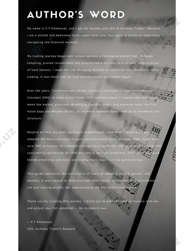 ............................................................................. 17 3.2.1. what we need for the storyline ....................................................................................... 17 3.3. storyline and mtf ....................................................................................................................... 18 chapter four: confluences.................................................................................................................. 31 3.1. trendlines ..................................................................................................................................... 31 3.1.1. rules guiding the use of trendline .................................................................................. 31 3.1.2. types of trendlines .............................................................................................................. 32 3.2. sessions & killzones .................................................................................................................... 35 3.2.1. smc + snr ................................................................................................................................. 35 3.2.2. putting it all together (structure + snr) ...................................................................... 37 introduction purpose, audience, and overview of technical analysis focus (candlestick vs. line charts). the malaysian support and resistance (snr) types of snr, fresh vs. unfresh, breakout, price manipulation/rejection. storyline and direction mtf determining bias, top-down analysis, mtf analysis techniques. confluences trendlines sessions and killzones. trendline types, uses "x" power trendline setup/entry confirmation. action plans chart refinement, trade examples, risk management, backtesting. conclusion summary of integrated strategy and next steps. 1.1 candlestick chart vs linechart candlestick chart displays information on open, high, low and clo
