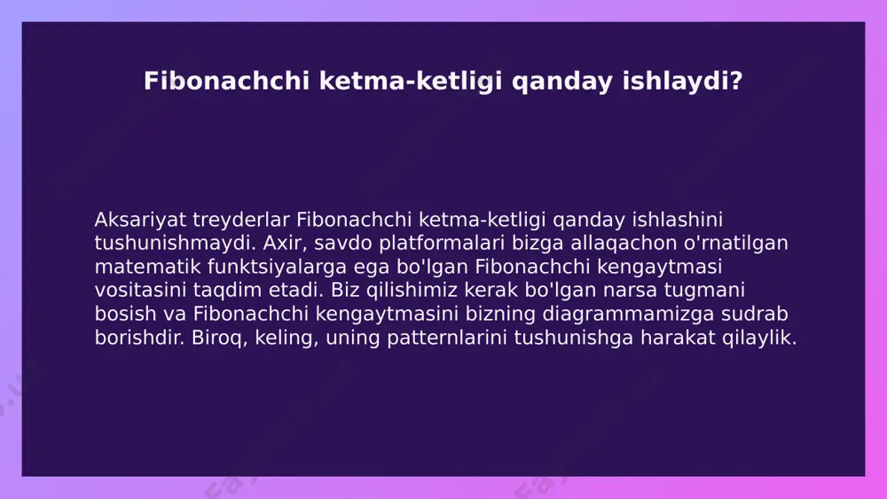 o'sh, bu nisbatlarning o'ziga xosligi nimada? bu hali ham aniq emas. bu nisbatlar tabiatda ham, moliyaviy bozorlarda ham muhim rol o'ynaydi. narxning o'zgarishi mumkin bo'lgan asosiy darajalarni aniqlash uchun fibonachchi kengaytmalaridan foydalanishimiz mumkin. salyangoz qobig'ining grafiklar bilan qanday umumiyligi bor? to'g'ri, ular fibonachchi raqamlari bilan bog'liq. 61,8% fibonachchi darajasida eurusd sotishdan olgan daromadingizni asosan o'simliklar, gullar va hatto salyangoz chig'anoqlarini o'rganish orqali tushuntirish mumkin. grafiklarimizda foydalanadigan bu darajalar dastlab tabiatda o'rganilgan. axir, fibonachchining o'zi hech qachon savdogar bo'lmagan. ammo shuni ta'kidlash kerakki, barcha grafikalar bu patternlarni ko'rsatmaydi. ba'zi valyuta juftliklari bu darajalarni boshqalarga qaraganda ko'proq hurmat qilishini bilib olasiz. bonachchi atrofidagi dunyoda tartibsizlikni tartibga solish uchun raqamli tartibni topishga harakat qildi. savdo olamida uning raqamlar ketma-ketligi narx harakatining qonuniyatlarini tushuntirishga yordam beradi. oxir oqibat, texnik tahlil va treyderlar sifatidagi harakatlarimiz takrorlanadigan narx patternlari, patternlari va darajalariga bog'liq. fibonachchi retracement darajalari amalda fibonachchi retracement darajalari narx harakatining eng yuqori va past …