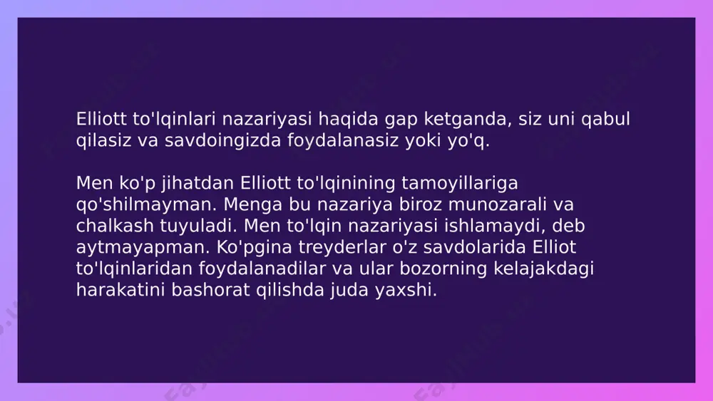 -action? so'zma-so'z, bu "narx harakati", ya'ni ma'lum bir vaqtda narxlar jadvalidagi o'zgarish. nazariy jihatdan, hamma narsa oddiy ko'rinadi. har bir kasbda, xoh tibbiyotda, xoh huquqda, xoh biznesda, faqat cheklangan miqdordagi bilimlarni nazariya orqali olish mumkin. asosiy bilim faqat tajribadan kelib chiqadi. bizning holatda, savdo tajribasidan. agar siz professional treyder bo'lishni istasangiz, bozor to'lqinlarini ko'rishni, trendlarni aniqlashni, muhim darajalarni chizishni va eng yaxshi kirish nuqtalarini topishni o'rganishingiz kerak. shundagina siz yetarlicha statistik ustunlikka ega bo‘lasiz va doimiy foydaga erishasiz. impuls to'lqinlari to'lqinli narx harakati ustunlik trendsining yo'nalishini ko'rsatadi. ko'tarilish trendida impuls to'lqinlari narxni oshiradi. buning aksi pasayish trendsiga taalluqlidir, bu yerda impulsiv to'lqinlar narxning pasayishiga yordam beradigan to'lqinlardir. impulsiv harakatlar ko'pincha katta shamlardan iborat bo'lib, ular korreksiyaga nisbatan ancha keskindir: ko'rib turganingizdek, impuls harakatlari tez va agressiv. shunday qilib, narx harakatining ushbu sohalari minimal vaqt ichida maksimal foyda olish imkoniyatini beradi. ko'pgina hollarda impulslar o'lchami va nishabi bo'yicha farqlanadi: ko'tarilish trendida …