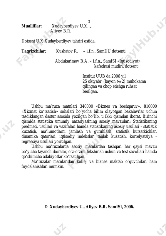 on qilingan asosiy savollar statistika fani erishgan eng ilg‘or yangiliklar asosida yoritib berilishi lozim. jamiyatni bilish uchun turli bo‘layotgan voqea, jarayonlarning mazmunini, mohiyatini tushunish lozim bo‘ladi. ijtimoiy-iqtisodiy voqea, jarayonlarni statistika o‘rganadi.bu voqea, hodisalar inson hayoti, harakati va moddiy ne’matlar iste’moli bilan bog‘liqdir. shuning uchun bunday voqea, jarayonlarni statistika muntazam ravishda kuzatadi va ma’lumotlarni to‘playdi. ijtimoiy-iqtisodiy voqea, xodisalar holati va o‘zgarish to‘g‘risidagi ma’lumotlar mutlaq, nisbiy va o‘rtacha miqdorlarda ifodalanadi. bo‘lg‘usi «xizmat ko‘rsatish» sohasi bo‘yicha oliy ma’lumotli mutaxasislar statistikaning predmeti, ob’ektlari, ijtimoiy iqtisodiy voqea hodisalarni kuzatish uslublarini, hodisalarning davr mobaynida o‘zgarishining dinamika qatorlarini ularning tahlil ko‘rsatkichlarini, hodisalarning o‘zaro bog‘lanishlarini bilishlari zarur. shuning uchun ham 3 kurs «turiz menejmenti», «turizm marketingi», «turizm operatorlik xizmatini tashkil etish» yo‘nalish bakalavriat talabalari o‘quv rejasiga «statistika» fanini o‘qitish kiritilgan. 4 i mavzu. statistikaning predmeti, usullari va bozo r iqtisodiyoti sharoitidagi vazifalari. reja: 1.1. statistika fanining predmeti va usullari. 1.2. statistika fanining boshqa fanlar bilan o‘zaro bog‘liqligi 1.3. …