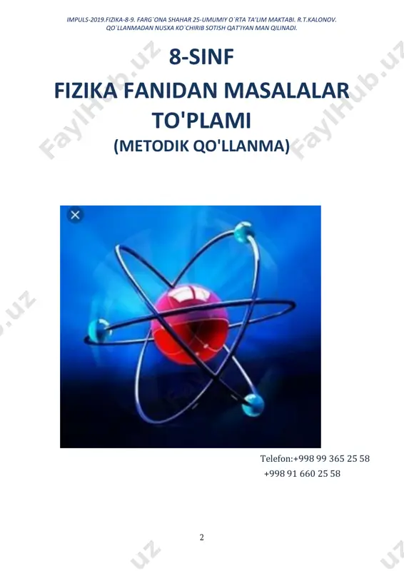 𝑓𝑜𝑟𝑚𝑢𝑙𝑎𝑠𝑖 ∶ 𝐹 = 𝐸 ∙ 𝑞0 𝐸𝑙𝑒𝑘𝑡𝑟𝑜𝑛𝑛𝑖𝑛𝑔 𝑚𝑎𝑠𝑠𝑎𝑠𝑖: 𝑚𝑒 = 9,1 ∙ 10−31𝑘𝑔 𝐸𝑙𝑒𝑘𝑡𝑟𝑜𝑛𝑛𝑖𝑛𝑔 𝑧𝑎𝑟𝑦𝑑 𝑚𝑖𝑞𝑑𝑜𝑟𝑖: 𝑞𝑒 = −1,6 ∙ 10−19𝐶 𝑃𝑟𝑜𝑡𝑜𝑛𝑛𝑖𝑛𝑔 𝑧𝑎𝑟𝑦𝑎𝑑 𝑚𝑖𝑞𝑑𝑜𝑟𝑖 ∶ 𝑞𝑝 = 1,6 ∙ 10−19𝐶 𝑃𝑟𝑜𝑝𝑜𝑟𝑠𝑖𝑜𝑛𝑎𝑙𝑙𝑖𝑘 𝑘𝑜𝑒𝑓𝑓𝑖𝑡𝑠𝑖𝑒𝑛𝑡𝑖: 𝑘 = 9 ∙ 109 𝑁𝑚2 𝐶2 𝐽𝑖𝑠𝑚𝑑𝑎𝑔𝑖 𝑏𝑎𝑟𝑐ℎ𝑎 𝑒𝑙𝑒𝑘𝑡𝑟𝑜𝑛𝑙𝑎𝑟 𝑠𝑜𝑛𝑖 ∶ 𝑁𝑒 𝑀𝑎𝑦𝑑𝑜𝑛 𝑘𝑢𝑐ℎ𝑙𝑎𝑛𝑔𝑎𝑛𝑙𝑖𝑔𝑖 ∶ 𝐸 𝑁𝑢𝑞𝑡𝑎𝑣𝑖𝑦 𝑧𝑎𝑟𝑦𝑎𝑑 𝑚𝑖𝑞𝑑𝑜𝑟𝑖 ∶ 𝑞0 𝑁𝑢𝑞𝑡𝑎𝑣𝑖𝑦 𝑧𝑎𝑟𝑦𝑎𝑑𝑔𝑎 𝑡𝑎′𝑠𝑖𝑟𝑞𝑖𝑙𝑢𝑣𝑐ℎ𝑖 𝑘𝑢𝑐ℎ ∶ 𝐹 𝐸𝑙𝑒𝑘𝑡𝑟 𝑚𝑎𝑦𝑑𝑜𝑛 𝑘𝑢𝑐ℎ𝑙𝑎𝑛𝑔𝑎𝑛𝑙𝑖𝑔𝑖𝑛𝑖𝑛𝑔 𝑜′𝑙𝑐ℎ𝑜𝑣 𝑏𝑖𝑟𝑙𝑖𝑔𝑖 ∶ [𝐸] = 1 𝑁 𝐶 1-mashq 1. litiy atomidagi elektronlar va protonlar zaryadlari miqdorini aniqlang. 1.b-n: formula 𝑞𝑒 = −1,6 ∙ 10−19𝐶 litiy elementining yadrosida 3 ta proton va 𝑞𝑝 = 1,6 ∙ 10−19𝐶 elektron qobig‘ida 3 ta elektron mavjud: 𝑡𝑜𝑝𝑖𝑠ℎ 𝑘: 𝑞𝑒 ′ =? ; 𝑞𝑝 ′ =? 𝑞𝑒 ′ = 3 ∙ 𝑞𝑒 ; 𝑞𝑝 ′ = 3 ∙ 𝑞𝑝 hisoblash 𝑞𝑒 ′ = 3 ∙ (−1,6 ∙ 10−19𝐶) = −4,8 ∙ 10−19𝐶 𝑞𝑝 ′ = 3 ∙ 1,6 ∙ 10−19𝐶 …