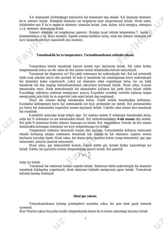 an ortalıktan diuallar menen shegaralangan boladı. eger bul diuallardın fizikalık kasiyetlerine toktasak, onda biz usı diuallar menen shegaralangan sistemalardı izolyatsiyalangan, jabık ha’m ashık sistemalar dep ayırsak boladı. izolyatsiyalangan sistemada zat korshagan ortalık menen oz-ara tasirlesiude bolmaydı. demek, jıllılık almasıu jok. boleksheler sanı n, kolem v ha’m energiya e sistemanı tolıgı menen xarakterleydi. jabık sistemada jıllılık almasıu bar boladı. bul jerde boleksheler sanı n, kolem v ha’m temperatura t sistemanı tolıgı menen xarakterleydi. ashık sistemalarda energiya ha’m zat almasıu boladı. egerde bul sistema tensalmakta bolsa, onda ortasha energiya ha’m ortasha boleksheler sanı t temperaturaga ha’m µ ximiyalık potentsiallarga baylanıslı boladı. µ, v, t – ashık sistemanı tolıgı menen xarakterleydi. egerde sistemanın kasiyetleri usı sistemanın xer bir boleginde birdey bolsa, onda sistema birtekli boladı. eger bul kasiyetler kanday-da shegaralık betlerde uzliksiz turde ozgeretugın bolsa, onda bul sistema birteksiz dep ataladı. birteksiz sistemanın birtekli bolekleri fazalar dep ataladı, al shegaralık betler- fazalık shegaralar …
