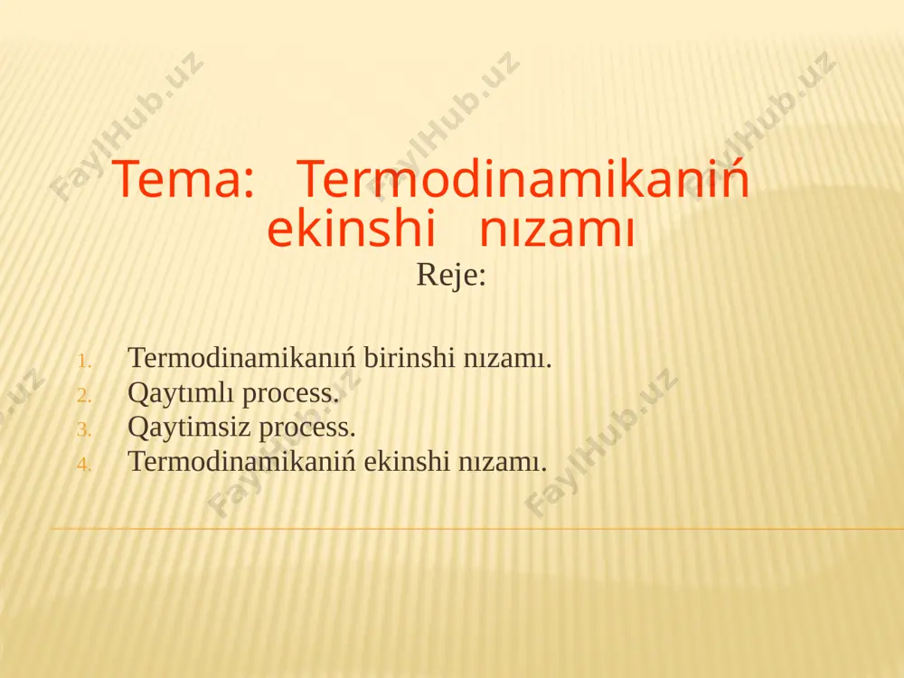 an 1 halatqa qaytqanda hám sistema hesh qanday basqa ózgerisler júz bermiytuǵın keri process payda bolsa, bul jaǵdayda 1→2 process qaytımli process dep ataladı. maselen, vakuumda joqarıǵa asıp qoyılǵan mayatnik súykelissiz háreket qılıp, 1 halatdan 2 halatqa ótedi. sońınan hamme sol arqalı 2 halatqa ótedi, jáne 1 halatqa ótedi. eger izolatsıyalanǵan sistema qandayda bir process natiyjesinde 2 halatdan 1 halatqa ótse, 1→2 keri process júz bermiydi, bunı natiyjesinde sistema óz-ózinen daslepki halatqa solay ótsek bunda sistemada hesh qanday ózgerisler bolmasa, bul jaǵdayda 1→2 process qaytımsiz process dep ataladı. qaytımsiz processke mısal keldiremiz. bul jıllılıq almastırıw processi esaplanadı. jıllılıq issiraq deneden suwıq denege ótedi. biraq izolatsiyalanǵan sistemada jıllılıq óz-ózinene keri halatqa óte almaydı. eger gazge úlken kólem berilse, keńiyedi, biraq keri processde óz-ózinen qısılıwı múmkin emes. termodinamikanıń ekinshi nızamı. bul nızamnıń bir neshe fornaları bar bolıp, olardıń eń ápiwayısı klauzius anıqlamasın keltiremiz. jıllılıq muǵdarı óz-ózinene tómen temperaturalı deneden joqarı temperturalı denege …