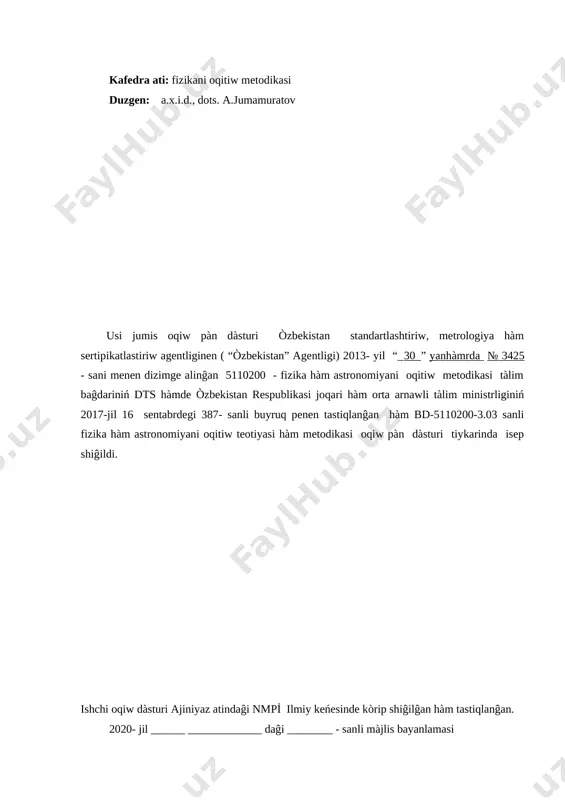 q tiykarlarin uyreniwde atom hàm yadro fizikasiniń orni ulken. sonliqtan, usi bòlim boyinsha oqiw dàsturin duziwde mektep fizika kursi hàm uliwma fizika kursiniń mexanika, molekulyar fizika hàm termodinamika, elektromagnetizm, optika bòlimlerinen talabaniń iyelewi kerek bolĝan bilimlerin e’tibarĝa alĝan halda, kòbirek zamanagòy ilimiy tusinikler qàliplesiwge imkan jaratiwshi temalar tańlandi. ayniqsa, yadro energetikasi oniń qurilmalari hàm bòlekshelerdi òlshewshi àspablarĝa tiyisli temalarĝa keń orin berildi. bunday jol talabalarda kvant hàm klassikaliq fizikalardiń qollaniliw shiyeralarin biliwleri, kvant hàdiseleridiń mànisin tusiniwleri ushin shàriyat jaratadi. tiykarĝi bòlim atomniń duzilisi. frank-gerts tàjiriybesi. vodorot atominiń spectral seriyalari. vodorot atominiń bor teoriyasi. energetikaliq qàddiler diogrammasi. tolqinlar superpoziciyasi. fazaliq hàm gruppaliq tezlikler. lyu- de-broyl gepotezasi. devison jermer tajiriybesi hàm basqana tàjiriybeler. aniq emeslik principi qatnaslari. tolqin funkciya hàm oniń ststistikaliq analizi. shtern-gerlax tàjiriybesi. elektron spin tusinigi. atomniń sirtqi magnit maydani. zeeman effekti. atomdaĝi elektron qàddileri lemb jiljiwi. atomnińyadrosiniń duzilisi. i̇zotop, izobar, izoton, izomer hàm «siyqirli» yadrolar. yadro radiusi hàm òlshew …