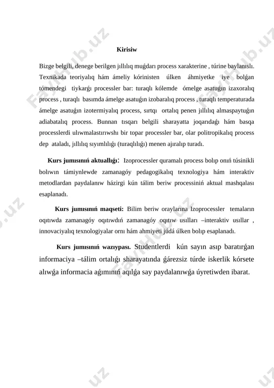 lastırıw ushın beriletuǵın baslanǵısh bolsada olardı hár qıylı turmıslıq hám kúndelik turmısımızda kóplep ushırasatuǵın mısallar menen túsindiriw maqsetke muwapıq boladı. izoprocessler gazlardıń universal turaqlısı r, berilgen gadıń massası m hám molyar massası m ózgermeytuǵın bolǵanı ushın ideal gaz halınıń teńlemesin tómendegishe kórsetiw múmkin. pv/t=const bul mendeleev klapeyron teńlemesi dep ataldı.tómendegi bul parametrlerdıń birewin turaqlı dep esaplasaq , qalǵan ekewi arasındaǵı arsındaǵı baylanıstı kórip shıǵamız. berilgen gazdıń makroskopiyalıq parmetrleri turaqlı bolǵanda qalǵanları arasındaǵı baylanıstı kórsetetuǵın processti izoprocess dep ataladı. 2.1 ideal gaz halınıń teńlemesi. gaz molekulaları 1826-jılı broun payda etken nızamǵa tiykarlanıp úzliksiz hám tártipsiz háreket qıladı. sonıń ushın hám zat dúzilisi haqqındaǵı teoriya payda boldı. birinshi márte bul teoriyanı m.v. lomonosov zattıń túrli agregat jaǵdaylarındaǵı qasiyetlerin túsindiriw maqsetinde rawajlandırǵan edi. keyinshelik molekulyar-kinetikalıq teoriya, tiykerınan, zattıń eń apiwayı agregat jaǵdaydaǵı , yaǵniy gaz qasiyetlerin túsindiriwde qollanıldı. idistaǵı gaz xoatikalıq qozǵalıstaǵı molekulalar toplamınan ibarat. hár bir molekula ıdıstıń diywalına urılǵanda diywalǵa azǵana …