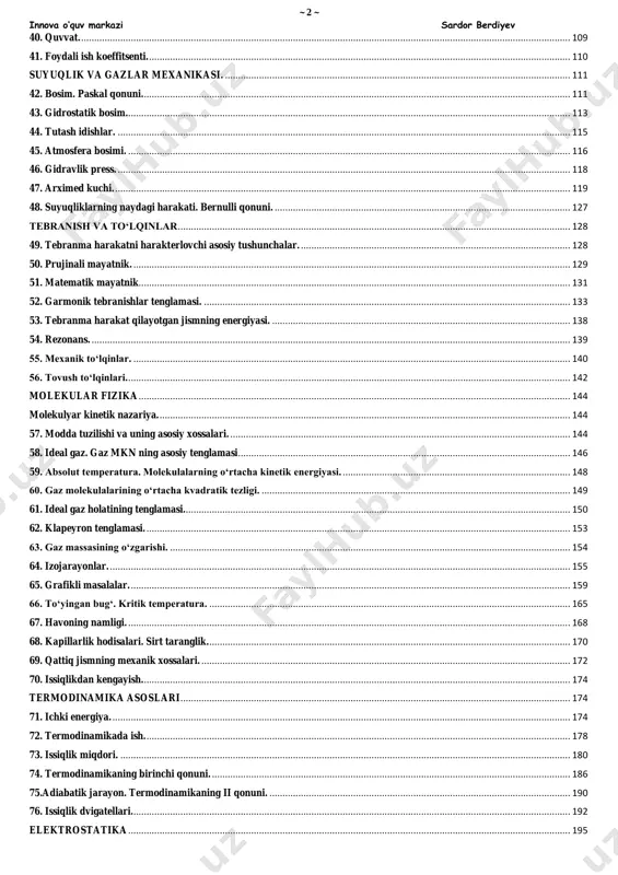 ....................................................................................................................... 29 11. egri chiziqli harakatda tezlanish. .................................................................................................................................................. 31 12. aylanma harakatni uzatish. ........................................................................................................................................................... 34 13. aylana bo‘ylab notekis harakat. .................................................................................................................................................... 34 dinamika asoslari ...................................................................................................................................................................... 35 14. kuch. nyutonning birinchi qonuni. ............................................................................................................................................... 35 15. massa. zichlik. ................................................................................................................................................................................ 38 16. nyutonning ikkinchi qonuni. ......................................................................................................................................................... 40 17. nyutonning uchinchi qonuni. ......................................................................................................................................................... 44 18. butun olam tortishish qonuni. ....................................................................................................................................................... 44 19. og‘irlik kuchi. ......................................................................................................................................................