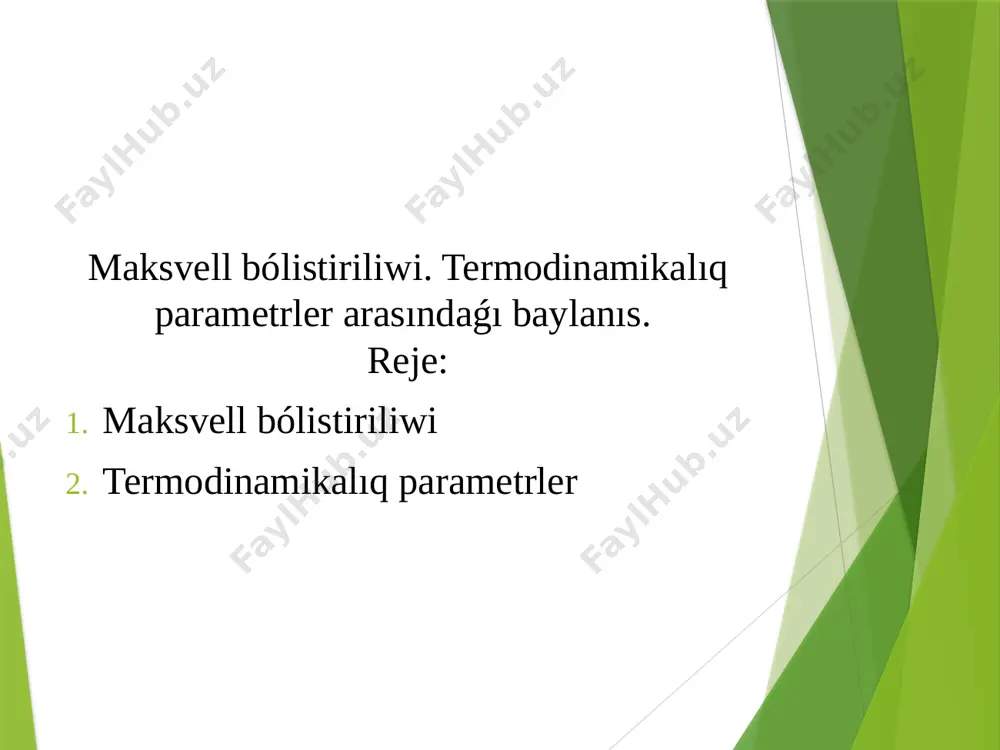 lı onıń ishki qásiyeti bolıp, sistemanıń ólshemlerine baylanıslı bolmaǵan ózgeriwshiler menen baylanıslı bolmaǵan halda anıqlanadı. bunday ózgeriwshiler intensiv ózgeriwshiler dep ataladı. mısalı, temperatura, basım, ximiyalıq potencial. ózgeriwshiler sistemanıń ólshemlerine yamasa massalarına proporcional túrde ózgerse, ekstensiv ózgeriwshi boladı. mısalı, massa, ishki energiya, entropiya h.b. sistemanıń termodinamikalıq teńsalmaqlıq halǵa ótiwi waqtı relakcasiya dep ataladı. termodinamikalıq sistemanıń bir teńsalmaqlıq haldan ekinshi teń salmaqlıq halǵa ótiwi termodinamikalıq process dep ataladı. process dawamında sistema qorshaǵan ortalıq penen barlıq waqıtta termodinamikalıq teńsalmaqlıqta qalatuǵın ideal processler kvazistatikalıq dep ataladı. teńsalmaqlıqtaǵı sistemanıń barlıq noqatlarında birdey bolǵan, bóleksheler sanına baylanıslı bolmaǵan, energiya hám sırtqı parametrlerge baylanıslı bolǵan shama sistemanıń ishki qozǵalıs halın anıqlaydı hám temperatura dep ataladı. sırtqı parametrlerdiń ózgerisi menen baylanıslı bolǵan energiya almasıwınıń birinshi usılı jumıs dep ataladı. sırtqı parametrlerdiń ózgeriwisiz, biraq entropiyanıń ózgerisi menen baylanıslı bolǵan energiya almasıwın jıllılıq almasıwı dep ataymız. maksvell bólistiriliwi (1) (1) ańlatpa molekulanı impulslar kenisliginde dp kólemde tabıw itimallıǵın beredi hám …