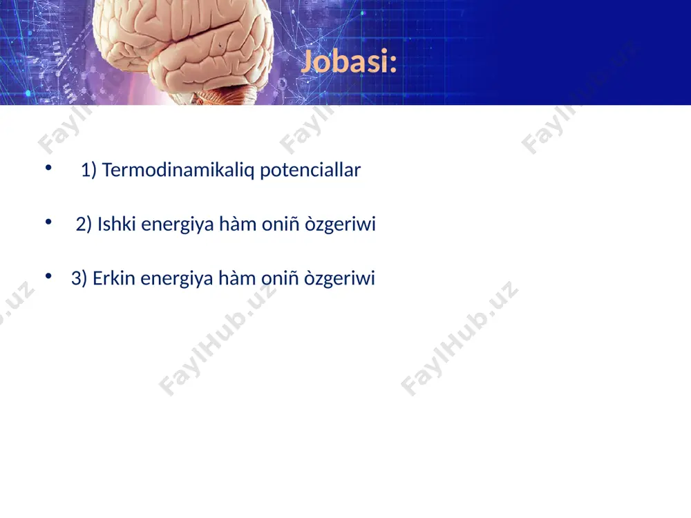 funikciyalar ekstremumģa iye boladi. this presentation uses a free template provided by fppt.com www.free-power-point-templates.com sistemaniñ ishki energiyasi hàm entropiyasiniñ bir màniligi hàm additivliginiñ entropiyasin erkin energiyasin hàm gibbs potensialin bir màniligi hàm additivligi kelip shiģadi. ùsh erkinlik dàrejesine iye sislemani qarayiq ol eki sirtqi parametrge iye bolsin. kòlem hàm qandayda bir shama bolsin. du = tds - pdv - vd£ this presentation uses a free template provided by fppt.com www.free-power-point-templates.com juwmaqlaw juwmaqlap aytqa da hal teñlemelerdi biliw arqali belgili bir denelerdi proseslerdi qublislardi tàriplew mùmkinshiligin jaratadi. usi hal teñlemeleri arqali sistemaniñ qàlegen parametrin gàrezis òzgeriwshi retinde tañlay alamiz. this presentation uses a free template provided by fppt.com www.free-power-point-templates.com paydalanģan àdebiyatlar 1. a.a abdimalikov nazariy fizika kurisi kurisi 4jild voris nashiriyati mchj toshkent 2006 2. a.a mamatqulov r. mamatqulov termodinamika va statistik fizika voris nashiryoti mchj toshkent 2006 this presentation uses a free template provided by fppt.com www.free-power-point-templates.com diqqatlariñiz ushin raxmet …