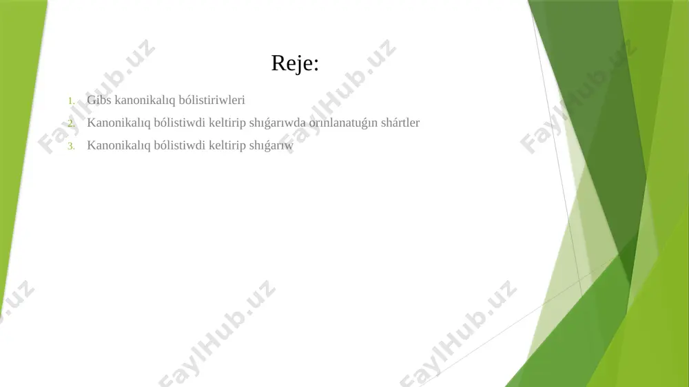 riliw funkciyası desek, ) = ańlatpanı payda etemiz. biz tek b-sistema , yaǵnıy termostatta jaylasqan sistemanı qızıqtırǵanlıǵı sebepli tómende gamilton funkciyası hám itimalılıǵı tıǵızlıǵın indekssiz jazamız: bul jerde bolıwı lazım, bolmasa normallastırıw shárti orınlanbaydı hám integral tarqalıwshı bolmaydı. ádette hám turaqlılar ornına tómendegi kórinistegi turaqlılardı qabıl qıladı: , bul jańa hám turaqlılar energiya ólshem birligine iye. – statistikalıq temperatuta, f- erkin energiya dep ataladı. joqarıfaǵı ańlatpalardan kelip shıǵıp kanonikalıq bólistiriwdi tómendegishe jazıwǵa boladı: kanonikalıq bálistiriwde – mikrokanonik bólistiriw sıyaqlı statistik ansambldiń ayırım sistemaları koordinata hám impulsları dg elementi ishinde bolıw itimalılıǵın beredi. juwmaqlaw zamanagóy statistik fizikada sırtqı sistemalar menen jıllılıq kontaktinde bolǵan sistemanıń mikrohallarındaǵı energiya mánisleri gibbstıń kanonikalıq bólistiriliwi menen táriplenedi. teńsalmaqlıq halattıń bólistiriliwfunkciyasın anıqlaw ushın gibbs termodinamik teńsalmaqlıqtaǵı jabıq sistema mikrohalatları teń itimalǵa iye degen kóz qarastı aytadı. kanonikalıq bólistiriwde mikrokanonikalıq bólistiriw sıyaqlı statistik ansambldıń ayırım sistemaları koordinata hám impulsları dg elementi ishinde bolıw itimalılıǵın beredi. paydalanılǵan ádebiyatlar p.x.musayev …