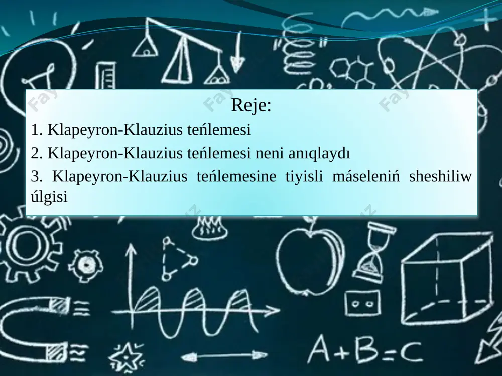 si tómendegishe jazıladı : biraq bolǵanı ushın boladı. bul teńleme t ózgeriwi menen λ ózgermeydi dep shama menen oylap integrallanǵannan keyin: formula payda boladı. natural logarifmnen ónlıq logarifmga ótilse, kelip shıǵadı. bul teńlemeni shıǵarıwda puw ideal gaz nızamlarına boysınadı dep shama menen oylanǵan; tiykarınan puw bul nızamlarǵa tolıq boysınbaydı. sol sebepli de klauzius - klapeyron teńlemesi ámeliy bolıp tabıladı másele sheshiliw úlgisi: qattı fenoldıń tıǵızlıǵı 1,072·103 kg/m3, suyıq fenoldıń tıǵızlıǵı 1,056·103 kg/m3, eriw ıssılıǵı 1,044·105 j/kg, muzlaw temperatu-rası 314,2 k. fenoldıń basım ózgergende eriw temperaturası ózgeriwin dt/dp hám basım 300 ret artqandaǵı eriw temperaturasın esaplań. sheshiliwi: , lardan paydalanamız. ∆v-salıstırma kólemlerdiń ayırmashılıǵı bolǵanlıǵı ushın teńlemede molyar eriw ıssılıǵı ornına salıstırma eriw ıssılıǵın alıw múmkin. basım 1, 0132• pa ga asqanda temperatura asıwı 4, 254• grad•m2/n ni quraydı. basım 300 ret asqanda yaǵnıy 3, 0396• pa de eriw temperatura-sı ózgeriwi ∆t= 3, 0396• pa basımda eriw temperaturası teriw=314,2+1,93=316,13k díqqatlaríńíz ushín raxmet! …