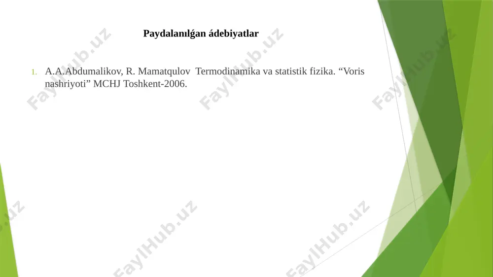 sı desek, ) = ańlatpanı payda etemiz. biz tek b-sistema , yaǵnıy termostatta jaylasqan sistemanı qızıqtırǵanlıǵı sebepli tómende gamilton funkciyası hám itimalılıǵı tıǵızlıǵın indekssiz jazamız: bul jerde bolıwı lazım, bolmasa normallastırıw shárti orınlanbaydı hám integral tarqalıwshı bolmaydı. ádette hám turaqlılar ornına tómendegi kórinistegi turaqlılardı qabıl qıladı: , bul jańa hám turaqlılar energiya ólshem birligine iye. – statistikalıq temperatuta, f- erkin energiya dep ataladı. joqarıfaǵı ańlatpalardan kelip shıǵıp kanonikalıq bólistiriwdi tómendegishe jazıwǵa boladı: kanonikalıq bálistiriwde – mikrokanonik bólistiriw sıyaqlı statistik ansambldiń ayırım sistemaları koordinata hám impulsları dg elementi ishinde bolıw itimalılıǵın beredi. paydalanılǵan ádebiyatlar p.x.musayev statistik fizika va termodinamika toshkent “iqtisod-moliya” 2008 a.a.mamatqulov, r. mamatqulov termodinamika va statistik fizika “voris nashriyoti” mchj toshkent-2006 a.a.abdumalikov nazariy fizika kursı 4-jild “voris nashriyoti”mchj toshkent -2006 a.boydedaev klassik statistik fizika toshkent “uzbekiston”- 2003 image1.png image2.png image3.png