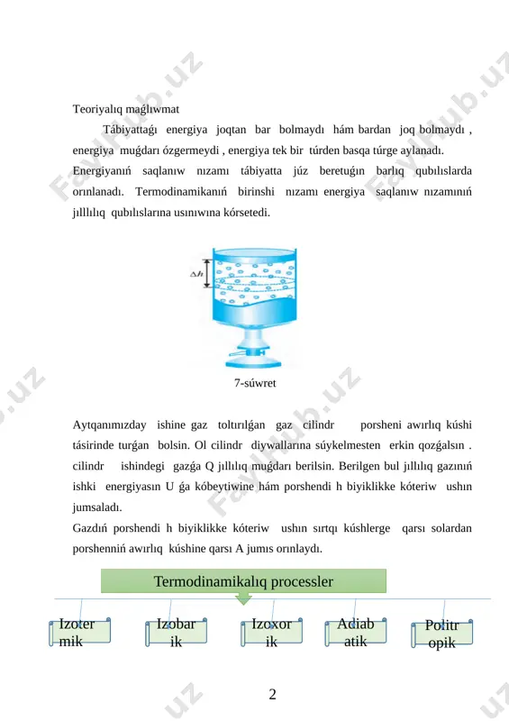 e atqarǵan jumısı. ∆u=[image: image3.png]r∆t demek gazdiń ishki energiyasınıń ózgeriwi berilgen jıllılıq muǵdarı nátiyjesinde bolıwı múmkin hám sirtqı kúshlerdin gaz ústinde atqarǵan jumısı nátiyjesinde bolıwı múmkin. sistemaǵa berilgen jıllılıq muǵdarı ishki energiyanıń ózgeriwi menen sistemanıń sırtqı kúsh ústinen atqarǵan jumısınıń jıyındısına teń. q=∆u+a” a. tariyxiy maǵlıwmat rudolf julius emanuel clausius (1822. 2. 1, kyoslin, házirgi koshalin, polsha — 1888. 24. 8, bonn) — nemis fizigi, termodinamika hám gazlar kinetik teoriyası tiykarlawshilerinen biri. berlin universitetin tamamlaǵan (1848). cyurix (1857-jıldan ), vyursburg (1867-jıldan ) hám bonn (1869 -jıldan ) universitetleri proffessorı termodinamikanıń ekinshi bas nızamın tariyplep bergen (1850). entropiya túsinigin kirgizgen (1865). elementtıń eriw temperaturası ózgeriwin basım ózgeriwi menen baylaw teńlemeni ( clausius-clapeyron teńlemesi) tiykarlab bergen (1850). ideal gaz, sonıń menen birge, molekulalardıń erkin juwırıw uzınlıǵı túsinigin pánge kirgizgen hám birinshi bolıp sol uzınlıqtı esaplaǵan (1860 ). k. elektroliz teoriyasına zárúrli úles qosqan. joul—lens nızamın teoriyalıq tárepten tiykarlaǵan, termoelektr teoriyasın rawajlantırǵan, dielektriklarniń …
