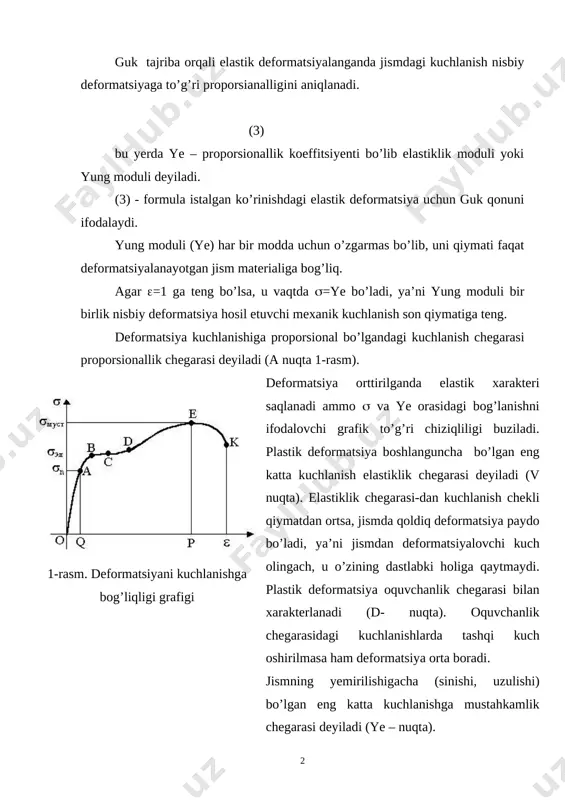 n ko’rinishdagi elastik deformatsiya uchun guk qonuni ifodalaydi. yung moduli (ye) har bir modda uchun o’zgarmas bo’lib, uni qiymati faqat deformatsiyalanayotgan jism materialiga bog’liq. agar =1 ga teng bo’lsa, u vaqtda =ye bo’ladi, ya’ni yung moduli bir birlik nisbiy deformatsiya hosil etuvchi mexanik kuchlanish son qiymatiga teng. deformatsiya kuchlanishiga proporsional bo’lgandagi kuchlanish chegarasi proporsionallik chegarasi deyiladi (a nuqta 1-rasm). [image: x14-1] 1-rasm. deformatsiyani kuchlanishga bog’liqligi grafigi deformatsiya orttirilganda elastik xarakteri saqlanadi ammo va ye orasidagi bog’lanishni ifodalovchi grafik to’g’ri chiziqliligi buziladi. plastik deformatsiya boshlanguncha bo’lgan eng katta kuchlanish elastiklik chegarasi deyiladi (v nuqta). elastiklik chegarasi-dan kuchlanish chekli qiymatdan ortsa, jismda qoldiq deformatsiya paydo bo’ladi, ya’ni jismdan deformatsiyalovchi kuch olingach, u o’zining dastlabki holiga qaytmaydi. plastik deformatsiya oquvchanlik chegarasi bilan xarakterlanadi (d- nuqta). oquvchanlik chegarasidagi kuchlanishlarda tashqi kuch oshirilmasa ham deformatsiya orta boradi. jismning yemirilishigacha (sinishi, uzulishi) bo’lgan eng katta kuchlanishga mustahkamlik chegarasi deyiladi (ye – nuqta). qattiq jismlar uchun yung …