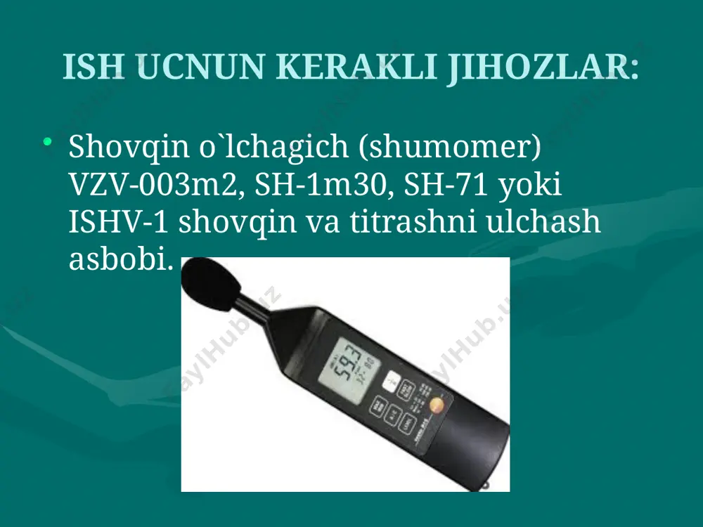 agich ish tartibini boshqaradigan ikki asosiy buragich, (1,2) volt-ampermetr shkalasi (3), turbo (tezkor) usulda ishlash uchun knopka (4) va ampermetr yoritgichini qo`shadigan knopkalar (15) va tovush qabul qiladigan moslamadan iborat. 1. shovqin ulagichni ishlatish oldidan, uni tashqi muhit sharoitida (haroratida) 10-15 minut saqlanadi. 2. (2) buragich yordamida kolibrovka holatiga o`rnatiladi, (1) buragichni esa “0” ga o`rnatiladi. ampermetr shkalasidagi strelka “0” ga kelishi kerak. strelka oldin siljigan bo`lsa, unda strelkani buragich yordamida “0” ga keltiramiz. 3. kolibrovka qilib bo`lgach, shovqin ulagich ishga tayyor. so`ng 2 chi buragich yordamida ish holatiga o`tkaziladi. (a,v,s) a-holat past tovushlarni o`lchaydi. v-holat normal tovushni o`lchaydi. s-holat shovqin tovushni o`lchaydi. 4. 2 buragichni a holatga qo`yib, 30-200 gts gacha bo`lgan 1 buragich yordamida o`lchashni boshlash lozim. ko`rsatgichi 50 gts qo`yilgan bo`lsa, ampermetr ko`rsatgichi 10 ni ko`rsatsa unda tovush kuchi 60 gts ni tashkil etgan bo`ladi. laboratoriya ishi davomida auditoriya, koridor, tashqaridagi dars va tanaffus paytida shaharda mashinalar …