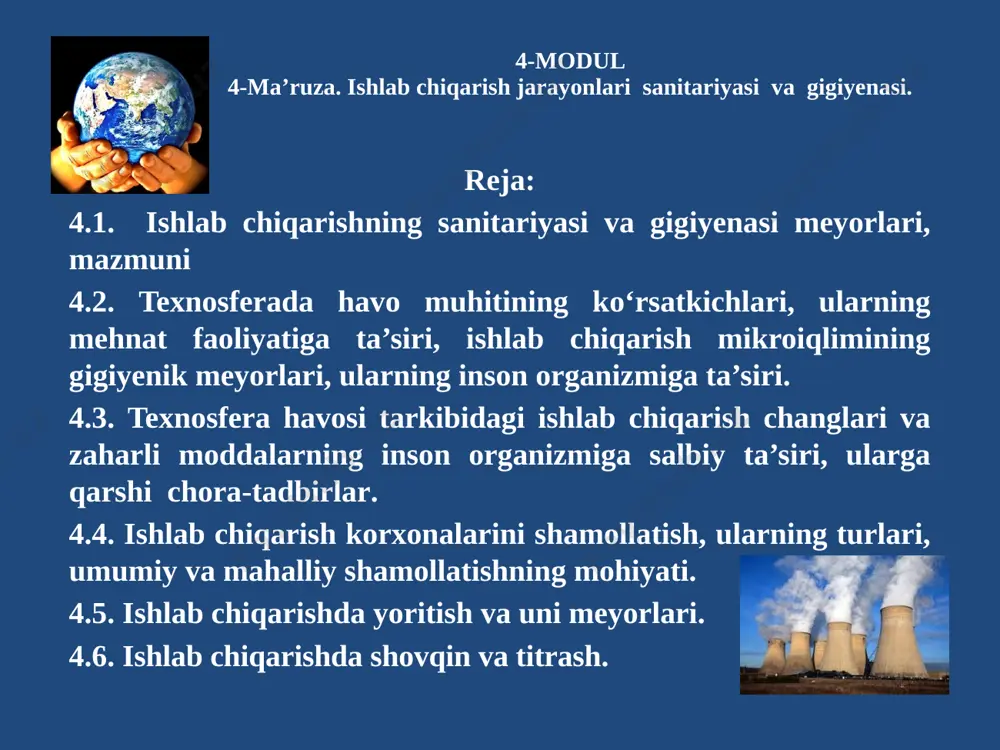 ir. bunday tadbirlarga quyidagilar kiradi: - ishlab chiqarish muhitida meyoriy meteorologik (mikroiqlim) sharoitlar yaratish; - toksik moddalarning chang, bug‘ va gazlarining zararli ta’sirlarini yo‘qotish, yo‘qotishning iloji bo‘lmagan hollarda kamaytirish; - ishchi zonalarda va ishchi o‘rinlarida shovqin va titrashlarni yo‘qotish yoki kamaytirish; - ishchi zonalarda va ishchi o‘rinlarida ratsional yoritishni ta’minlash; - radioaktiv modda yoki izotoplar bilan bog‘liq nurlanish kasalliklari profilaktikasi; - sovuq yoki issiq harorat sharoitida ishlovchilar uchun maxsus mehnat rejimi; - zaruriy sanitar-maishiy xonalar va qulayliklar bilan ta’minlash; - maxsus kiyim, maxsus oyoq kiyimi va shaxsiy(individual) himoya vositalari bilan ta’minlash; - qo‘l mehnatini yengillashtirish maqsadida texnologik jarayonlarni avtomatlashtirish, yangilash; - sanoat korxonalarini asrash qoidalari, texnologik jarayonlarni tashkil etish va jihozlarni o‘rnatish qoidalarini ishlab chiqish; - tashqi muhit fizik omillarining ruxsat etilgan parametrlarini belgilash. mehnatni ilmiy asosda tashkil etishning asosiy yo’nalishlari quyida keltiriladi: - gigiyenik yo’nalishda: salomatlik va ish qobilyatiga ta’sir qiladigan ishlab chiqarish muhiti omillarini me’yorlash; ishlab chiqarish muhitidagi …
