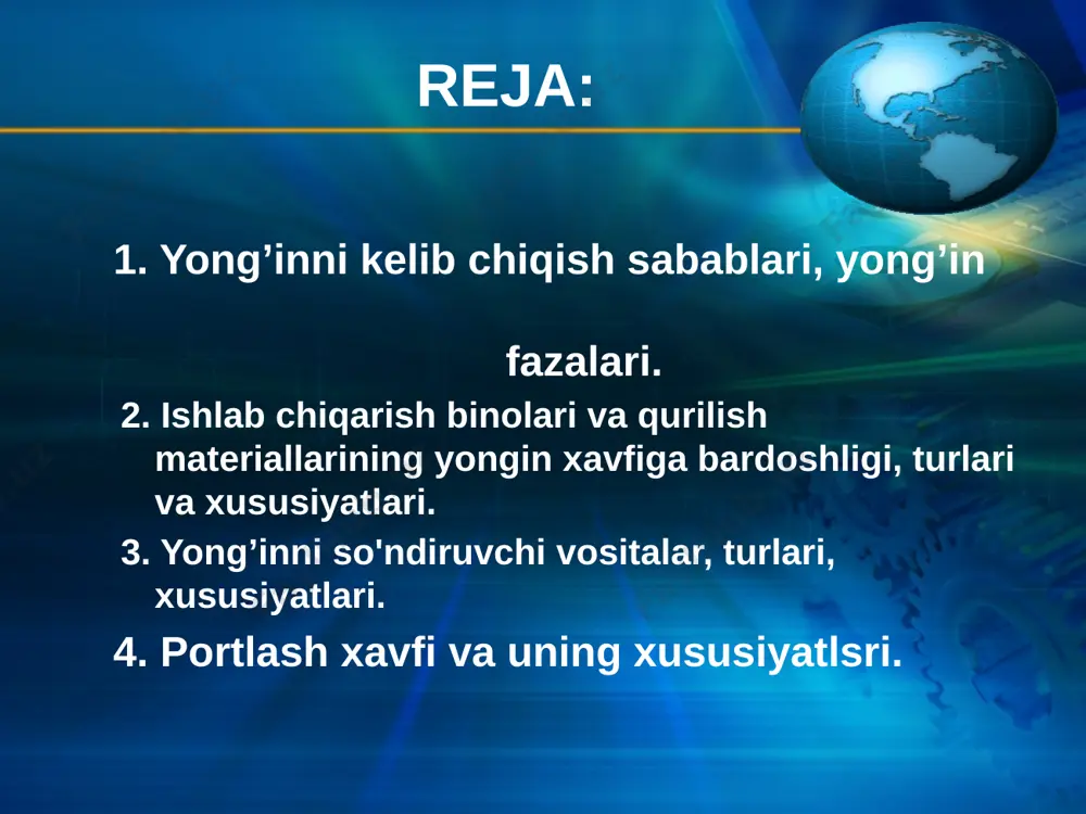 lish me’yorlari va qoidalari hamda davlat standartiga rioya qilmaslik; - yong’in nazorati, gazdan foydalanishning nazorat qilish xodimlari tomonidan ko’rsatilgan yong’inni oldini olish tadbirlarining bajarilmasligi; - bolalarning yong’in chiqishiga olib keluvchi o’yinlariga beparvolik; - yong’inga qarshi kurashda qo’llaniladigan qutqaruv vositalarining kamligi sabab bo’ladi. barcha qurilish materiallari o’tga chidamliligi jihatidan 3 turga bo’linadi yonmaydigan - beton, pishiq g’isht, marmar, yuqori haroratda yonmaydigan, tutamaydigan va erimaydigan materiallar og’ir yonuvchan - yuqori harorat ta’sirida qiyinchilik bilan uchqunlanadigan, tutaydigan va ko’mirlanadigan, faqat olov manbai bo’lganidagina yonadigan materiallar kiradi. bularga dvp, dsp va boshqalar kiradi yonuvchan - bularga yog’och materiallari, tsellyuloza, plastmassa, qog’oz va bitumlar kiradi o’t o’chiruvchi vositalari agregat holatiga ko’ra suyuq holatda - suv, uglerod (iv) xlorid, etilbromid aralash holatda - suyuqlik bilan gazsimon - ko’piklar gazsimon (azot, uglerod (iv) oksidi inert gazlari, yonmaydigan bug’lar va suv bug’i) qattiq holatda - soda, ormosler, quruq kul, tuproq o’t o’chirish vositalari ta’sir qilish tamoyillariga ko’ra: sovituvchi …