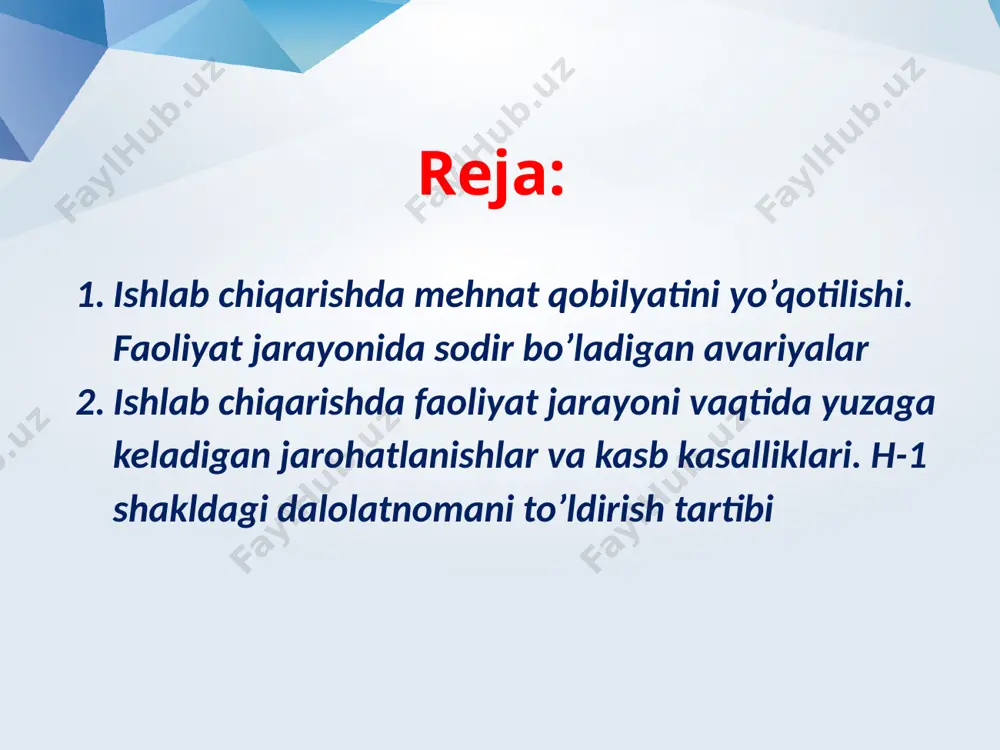 talarining vazifalari xususida bilim beriladi. ish joyidagi yo‘riqnomadan o‘tkazilgan ishchilar bilimi tekshirilgach, maxsus daftarga yoziladi va imzo chekiladi, so‘ngra, mustaqil ish yuritishga ruxsat etiladi. rejali yoki takroriy yo‘riqnoma. bu yo‘riqnomadan korxonadagi hamma ishchilar (ish staji, kasbi, malakasidan qat’i nazar) korxona kasaba uyushmasi qo‘mitasi bilan kelishilgan bir vaqtda o‘tkaziladi. rejadan tashqari yo‘riqnoma. agar mehnatni muhofaza qilish qoidalarida, texnologik jarayonda, uskuna-moslama tuzilishida, ishlatilayotgan xomashyolarda o‘zgarishlar bo‘lsa, ishchilar xavfli ish usullaridan foydalansa, baxtsiz hodisalar yuz bersa, mehnat intizomi va xavfsizlik texnikasi qoidalari buzilsa, avariya sababli baxtsiz hodisa ro‘y bergandan keyin darhol o‘tkaziladi. kundalik yo‘riqnoma – maxsus ruxsatnoma bilan bajariladigan xavfli ish bajaruvchilarning ish boshlashlaridan oldin o‘tkaziladi. bu yo‘riqnomaning o‘tkazilganligi haqidagi ma’lumot maxsus-ruxsatnoma qog‘ozida yozib qo‘yiladi. ma’lumki, ishlab chiqarish korxonalarida texnika xavfsizligi, sanoat sanitariyasi va yong‘in xavfsizligi qoida, norma va yo‘riqnomalarining buzilishi ishlovchilarning jarohatlanishiga, zaharlanishiga yoki kasb kasalliklariga olib keladi. jumladan, shikastlanish, inson tanasining teri yoki boshqa qismlariga tashqi ta’sirlar: mexanik, kimyoviy, issiqlik va …
