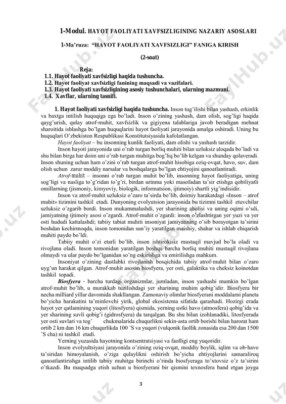 ordi. inson mukammalashdi, yer sharining aholisi va uning oqimi o’sdi, jamiyatning ijtimoiy asosi o’zgardi. atrof-muhit o’zgardi: inson o’zlashtirgan yer yuzi va yer osti hududi kattalashdi; tabiiy tabiat muhiti insoniyat jamiyatining o’sib borayotgan ta’sirini boshdan kechirmoqda, inson tomonidan sun’iy yaratilgan maishiy, shahar va ishlab chiqarish muhiti paydo bo’ldi. tabiiy muhit o’zi etarli bo’lib, inson ishtirokisiz mustaqil mavjud bo’la oladi va rivojlana oladi. inson tomonidan yaratilgan boshqa barcha borliq muhiti mustaqil rivojlana olmaydi va ular paydo bo’lganidan so’ng eskirishga va emirilishga mahkum. insoniyat o’zining dastlabki rivojlanish bosqichida tabiiy atrof-muhit bilan o’zaro uyg’un harakat qilgan. atrof-muhit asosan biosfyera, yer osti, galaktika va cheksiz koinotdan tashkil topadi. biosfyera - barcha turdagi organizmlar, jumladan, inson yashashi mumkin bo’lgan atrof-muhit bo’lib, u murakkab tuzilishdagi yer sharining muhim qobig’idir. biosfyera bir necha milliard yillar davomida shakllangan. zamonaviy olimlar biosfyerani moddalarni planeta bo’yicha harakatini ta’minlovchi yirik, global ekosistema sifatida qarashadi. hozirgi erada hayot yer qatlamining yuqori (litosfyera) qismida, …