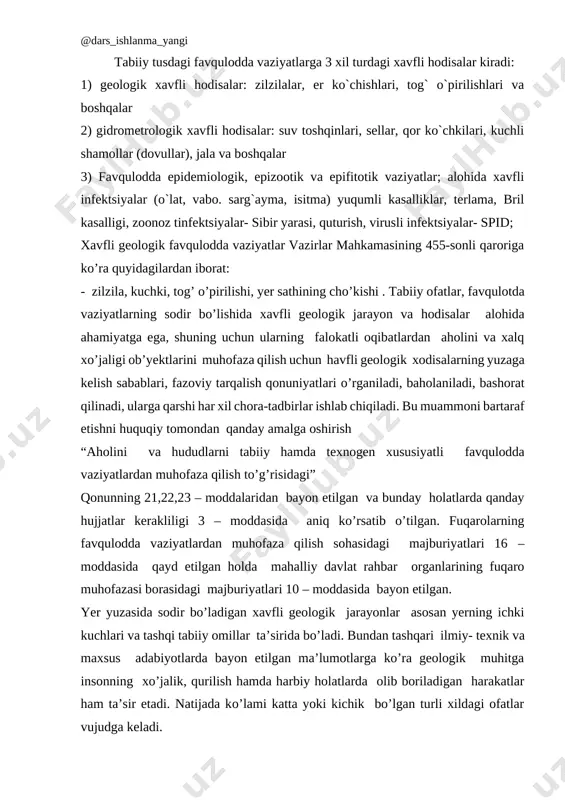 vaziyatlardan muhofaza qilish sohasidagi majburiyatlari 16 – moddasida qayd etilgan holda mahalliy davlat rahbar organlarining fuqaro muhofazasi borasidagi majburiyatlari 10 – moddasida bayon etilgan. yer yuzasida sodir bo’ladigan xavfli geologik jarayonlar asosan yerning ichki kuchlari va tashqi tabiiy omillar ta’sirida bo’ladi. bundan tashqari ilmiy- texnik va maxsus adabiyotlarda bayon etilgan ma’lumotlarga ko’ra geologik muhitga insonning xo’jalik, qurilish hamda harbiy holatlarda olib boriladigan harakatlar ham ta’sir etadi. natijada ko’lami katta yoki kichik bo’lgan turli xildagi ofatlar vujudga keladi. shahar qurulishi, turar joy binolari, inshootlar qurilishida amaldagi me’yorlar va qoidalarga rioya qilish, zilzila oqibatlarini kamaytirish muammosiga yetarli ahamiyat berish maqsadida birlashgan millatlar tashkiloti 1990-2000 yillar oralig’ini tabiiy favqulodda vaziyatlar bo’yicha xavf – xatarni kamaytirish xalqaro 10 yilligi deb elon qilingan. shu davr ichida bir qator mamlakatlarning markaziy shaharlari “tender” asosida xalqaro “radius” loyihasini amalga oshirish huquqiga ega bo’ldilar. ”radius”ni dastur bo’yicha to’la joriy etish imkoniyati berilgan beshta – mamlakat: addis-abeba (efiopiya), guayakliem …