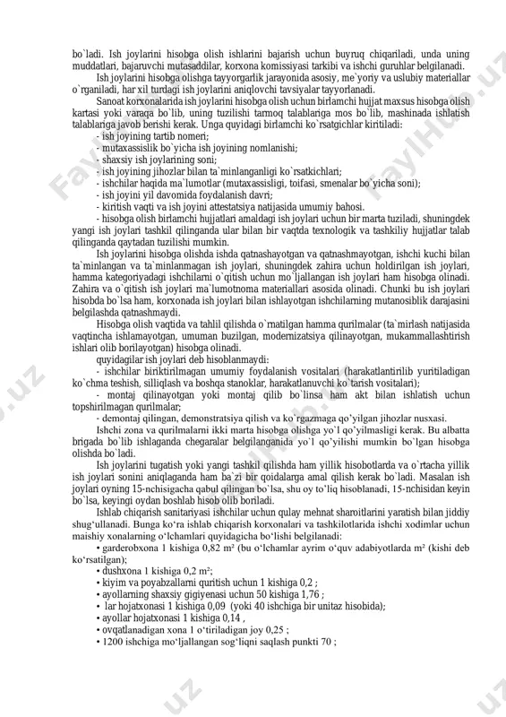 agar ishchilar mashina va mexanizmlarda ishlamasdan boshqaishlarni bajarayotgan bo`lsa, unday ish joylari rejadagi ish hajmidan kelib chiqqan holda, ish samaradorligi va smenalar koeffitsienti asosida belgilanadi. ba`zi bir sanoat tormoq korxonalari ish joylari ishning bajarish hajmiga qarab me`yoriy hujjatlar asosida, ba`zida esa bajarilgan ish jarayoni asosida ham aniqlash mumkin (masalan suvoqchilar, g’isht teruvchilar va h. k.) farroshlar, o`rmon qorovullari, magazin sotuvchilari, pochtalionlar va boshqa xizmat ko`rsatish zonasi bo`yicha, qorovullar, garderobchilar, kassirlar, kioskerlar, dispecherlar va boshqalar ish joyi postlari bo`yicha hisob olib boriladi. rahbar xodimlarning shuningdek, mutaxassislar va xizmatchilar ish joylari soni ish hajmi va o`rnatilgan me`yoriy hujjatlar asosida aniqlanadi. agar me`yoriy hujjatlar bo`lmasa shtat ro`yxati bo`yicha hisoblanadi. ish joylari o`rtacha yillik sonini aniqlash va hisobga olish tartibi keltirilgan ish joylari haqidagi tushincha, ishlab chiqilgan klassifikatsiya belgilari va ish joylari borligini aniqlash usullari ularni brigada, uchastka, ishlab chiqarish korxonasi va birlashma yoki tashkilotlarda hisobga olish imkoniyatini yaratadi. ish joylarini hisobga olish bo`yicha …