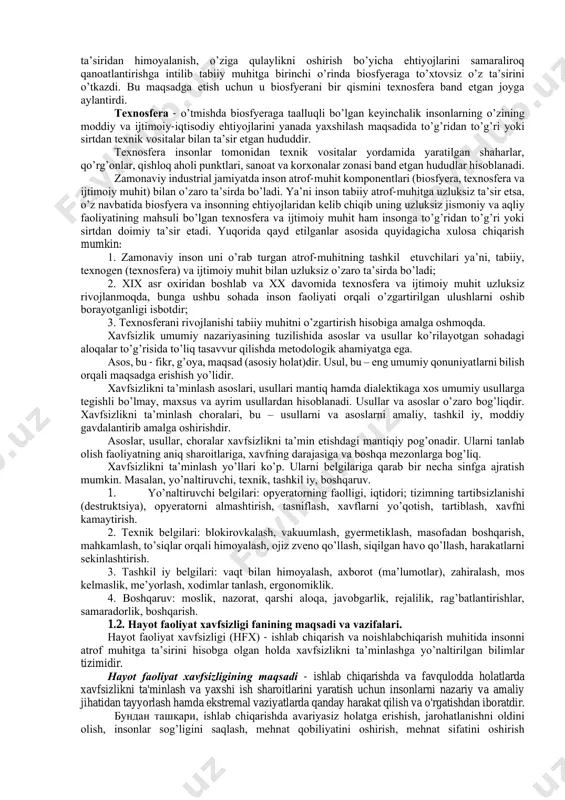 o’zgardi. atrof-muhit o’zgardi: inson o’zlashtirgan yer yuzi va yer osti hududi kattalashdi; tabiiy tabiat muhiti insoniyat jamiyatining o’sib borayotgan ta’sirini boshdan kechirmoqda, inson tomonidan sun’iy yaratilgan maishiy, shahar va ishlab chiqarish muhiti paydo bo’ldi. tabiiy muhit o’zi etarli bo’lib, inson ishtirokisiz mustaqil mavjud bo’la oladi va rivojlana oladi. inson tomonidan yaratilgan boshqa barcha borliq muhiti mustaqil rivojlana olmaydi va ular paydo bo’lganidan so’ng eskirishga va emirilishga mahkum. insoniyat o’zining dastlabki rivojlanish bosqichida tabiiy atrof-muhit bilan o’zaro uyg’un harakat qilgan. atrof-muhit asosan biosfyera, yer osti, galaktika va cheksiz koinotdan tashkil topadi. biosfyera - barcha turdagi organizmlar, jumladan, inson yashashi mumkin bo’lgan atrof- muhit bo’lib, u murakkab tuzilishdagi yer sharining muhim qobig’idir. biosfyera bir necha milliard yillar davomida shakllangan. zamonaviy olimlar biosfyerani moddalarni planeta bo’yicha harakatini ta’minlovchi yirik, global ekosistema sifatida qarashadi. hozirgi erada hayot yer qatlamining yuqori (litosfyera) qismida, yerning ustki havo (atmosfera) qobig’ida va yer sharining suvli qobig’i (gidrosfyera) da …
