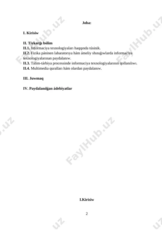 lektual miyrası hám ulıwma qádiryatları, zamanagóy mádeniyat, ekonomika, pán, texnika hám texnologiyalar tiykarında jetik qánigeler tayarlaw sisteması islep shıǵıldı hám házirgi waqıtta jedel pátler menen birge ómirge sińip kelmekte. kurs jumısınıń aktuallılıǵı: tálimniń pán hám islep shıǵarıw menen integraciyası mexanizmlerin rawajlandırıw, onı ámeliyatqa engiziw, oqıwdı, ǵarezsiz bilim alıwdı individuallastırıw hámde aralıq tálim sisteması texnologiyasın, onıń quralların islep shıǵarıw, ózlestiriw, jańa pedagogikalıq hám innovacion texnologiyalar tiykarında oqıtıwdı jedellestiriw aktual wazıypalar qatarına kiredi. ilim-pán rawajlanıp atırǵan zamanagóy jámiyette rawajlanǵan informaciya- kommunikaciya sistemaları quralında túrli pán tarawlarında jetiskenliklerdiń tez jańalanıp barıwı fizika pánin oqıtıwda pedagogikalıq hám informaciya texnologiyalardan paydalanıw, oqıw processinde kompyuterli oqıtıw hám qadaǵalaw texnologiyaların islep shıǵarıw hám qollaw wazıypasın qoyadı. kurs jumısınıń maqseti: bilim berıw orınlarında oqıtıwdıń zamanagóy oqıtıw usılları - interaktiv usıllar, informaciyalıq texnologiyalar ornı hám áhmiyeti kútá úlken bolıp tabıladı. pedagogikalıq texnologiya hám olardıń bilimlendiriwde qollanılıwına tiyisli bilimler, tájiriybe studentlerdi bilimli hám jetik ilimiy tájriybege iyelewlerin támiyinleydi. informaciyalıq texnologiyalar …