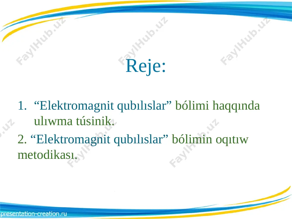 a hesh qanday tásir etpeydi. óziniń magnitlengen halın uzaq waqıt joǵaltpaytuǵın dene turaqlı magnit dep ataladı. hár qanday denende eki – arqa hám qubla polyusler boladı. magnitlerdiń qubla polyusı s háribi (inglisshe “south” – “qubla” sóziniń bas háribi) menen, al arqa polyusı bolsa n háribi (inglisshe “north” – “ arqa” sóziniń bas háribi) menen belgilenedi. ádette, qubla polyus (s) qızıl, arqa polyus (n) kók rende boladı. magnitlerdiń átirapında payda bolatuǵın maydan magnit maydanı dep ataladı. magnit maydandı hárekettegi zaryad yaki elektr tokı payda etedi. magnit maydannıń elektr maydan menen baylanıslılıǵın birinshi bolıp tájiriybede daniyalı fizik x.ersted anıqlaǵan. ol toklı ótkizgishke magnit maydanınıń magnit strelkasına tásirin úyrengen. magnit maydandı magnit maydan indukciya vetorı - xarakterleydi. ii. elektromagnit hádiyseler bólimin oqıtıw metodikası. sabaq barısı: shólkemlestiriw; ótilgen temanı bekkemlew; taza temanı túsindiriw; taza temanı bekkemlew; úyge tapsırma beriw; bahalaw hám sabaqtı juwmaqlaw. bilimlendiriwlik maqseti: toktıń magnit maydanı boyınsha tıykarǵı túsinik hám shamalar haqqında …
