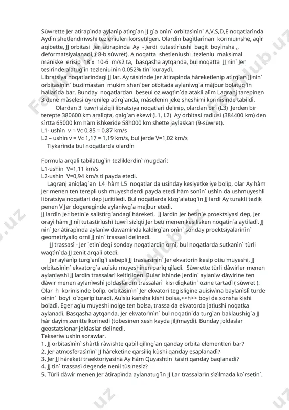 ldas hàreketin`e tàsir etiushi shetletiushi tezleniulerdin` sham asì 200 km biyiklikte 2,2 10 –4 m/s2 tì, 400 km biyiklikte bolsa tek g`ana 3,1 10 – 6m/c2 tì, 800 km biyiklikte bolsa tek g`ana 2,6 10 –8 m/s2 tì kuraydì. joldas 100 km biyiklikte ushìp atìrg`an bul tezleniudin` mugdarì sezilerli derejede ùlken bolìp, 0,3 m/s2 ka ten boladì. 110-120 km biyiklikten baslap (paske qaray) atmosferanìn` tìgìzlìg`ì tez oskenligi sebepli jj neubettegi aylanìsìn juumaklay almaydì. sonìn` ushìn da 87,5-87,7 minutlìq dàwir menen aylanìwshì jj ushìn bunday biyiklik kritik bolìp esaplanadì. elliptik orbita boylap hàreketlenip atìrg`an jj oz perigeyinen otiude karsìlìq sebepli (atmosfera tìgìzlìg`ì ùlken bolg`anlìg`ì sebepli) tezligin kop jog`altìp, apogey biyikliginin tusiuine sebepshi boladì. bul oz neubetin`de perigey biyikliginin tusiwine sebepshi boladì. jj hàreketin`e ay hàm quyashtìn` tesiri. sùwrette jer atirapìnda aylanìp atìrg`an jj g`a onìn` orbitasìnìn` a,v,s,d,e noqatlarìnda aydìn shetlendiriwshi tezleniuleri korsetilgen. olardìn bagìtlarìnan koriniuinshe, aqìr aqìbette, jj orbitasi jer atirapìnda …
