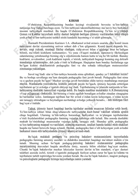 «vaqt pillapoyasi cheksizdir, bir-birining o‘rnini egallab boradigan avlodlar zinadan zinagagina ko‘tariladilar xolos. jamlangan tajribani har bir avlod o‘zidan keyin kelayotgan, o‘zidan keyin uni taraqqiy ettiradigan va boyitadigan navbatdagi avlodga yetkazib beradi», - deb bildirgan fikri bag‘oyat o‘rinlidir. tabiat, ijtimoiy hayot haqidagi barcha tajribalar asosida muayyan bilimlar ortib bordi. ta‘lim-tarbiya ishlari bilan shug‘ullanuvchi tarbiyachilar kasb-hunar vakillari sifatida ajralib chiqa bogshladi. ularning ta‘lim-tarbiya borasidagi faoliyatlari va to‘plangan tajribalaridan o‘rinli foydalanishlari pedagogika fanining vujudga kelishiga olib keladi. shu asnoda dastlabki maktab ko‘rinishidagi muassasalar vujudga keldi, taraqqiy etdi. shunday qilib, pedagogika ta‘lim-tarbiyaning maqsad va vazifalari, ularning mazmuni, usullari hamda tashkil etish shakllari haqida ma‘lumot beruvchi fanga aylandi. demak, pedagogika fani o‘sib kelayotgan yosh avlodni barkamol inson etib tarbiyalashda ijtimoiy ahamiyat kasb etadi. bo‘lajak malakali pedagog va psixolog bakalavr mutaxassislarni tayyorlashda pedagogika fanining umumiy asoslari va didaktika masalalari haqidagi ma‘ulmot muhim o‘rin tutadi. shuning uchun bo‘lajak pedagog-psixolog bakalavr mutaxassislar pedagogika nazariyasining mavzulari haqida atroflicha ilmiy, …