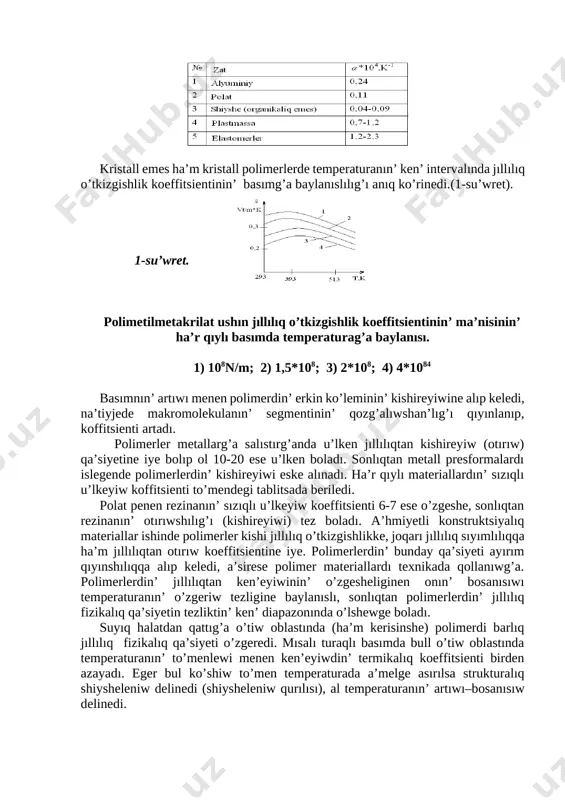 ntervalında jıllılıq o’tkizgishlik koeffitsientinin’ basımg’a baylanıslılıg’ı anıq ko’rinedi.(1-su’wret). [image: ] 1-su’wret. polimetilmetakrilat ushın jıllılıq o’tkizgishlik koeffitsientinin’ ma’nisinin’ ha’r qıylı basımda temperaturag’a baylanısı. 1) 108n/m; 2) 1,5*108; 3) 2*108; 4) 4*1084 basımnın’ artıwı menen polimerdin’ erkin ko’leminin’ kishireyiwine alıp keledi, na’tiyjede makromolekulanın’ segmentinin’ qozg’alıwshan’lıg’ı qıyınlanıp, koffitsienti artadı. polimerler metallarg’a salıstırg’anda u’lken jıllılıqtan kishireyiw (otırıw) qa’siyetine iye bolıp ol 10-20 ese u’lken boladı. sonlıqtan metall presformalardı islegende polimerlerdin’ kishireyiwi eske alınadı. ha’r qıylı materiallardın’ sızıqlı u’lkeyiw koffitsienti to’mendegi tablitsada beriledi. polat penen rezinanın’ sızıqlı u’lkeyiw koeffitsienti 6-7 ese o’zgeshe, sonlıqtan rezinanın’ otırıwshılıg’ı (kishireyiwi) tez boladı. a’hmiyetli konstruktsiyalıq materiallar ishinde polimerler kishi jıllılıq o’tkizgishlikke, joqarı jıllılıq sıyımlılıqqa ha’m jıllılıqtan otırıw koeffitsientine iye. polimerlerdin’ bunday qa’siyeti ayırım qıyınshılıqqa alıp keledi, a’sirese polimer materiallardı texnikada qollanıwg’a. polimerlerdin’ jıllılıqtan ken’eyiwinin’ o’zgesheliginen onın’ bosanısıwı temperaturanın’ o’zgeriw tezligine baylanıslı, sonlıqtan polimerlerdin’ jıllılıq fizikalıq qa’siyetin tezliktin’ ken’ diapazonında o’lshewge boladı. suyıq halatdan qattıg’a o’tiw oblastında (ha’m kerisinshe) polimerdi barlıq …