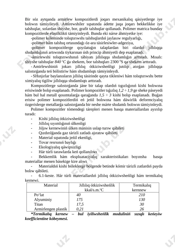 tiykarında penoplastlar alınadı. suyıq fazalı tolıqtırıwshılardı qosıwdı ulıwma alǵanda kompoziciyalıq materiallar alınıwda komponentlerdi tolıq aralastırılıwı áhmiyetli esaplanadı. polimer kompozitler alınıwı tiykarınan 5000 jıl aldın qádimgi vavilonda baslanǵan dep esaplanadı. onda polimer smolaǵa talshıqlı tolıqtırıwshılar qosıp armirlengen qurılıs materialları jaratılǵan. armirler-joqarı bekkemlikke iye bolǵan polimer materiallar alıwda áhmiyetli basqısh esaplanadı. ádette joqarı bekkemlikke iye materiallar anizotroplıq qásiyetli boladı hám bunday qásiyetlerge erisiw ushın polimer matrica kólemine anizotroplıq “armirlewshi” tolıqtırıwshı qosıladı. mısalı biologiyalıq obektlerde mexanikalıq jumıslardı atqarıwshı barlıq toqımalar (teriler, suyıqlıqlar, muskullar hám basqalar) anizotroplıq armirlengen sistemalar boladı. basqa tábiiy armirlengen sistemalarǵa aǵashlar mısal bola aladı, olarda talshıqlı sistemalar anizotroplıq qásiyetler kórinedi. bir sóz aytqanda armirlew kompozitlerdi joqarı mexanikalıq qásiyetlerge iye bolıwın támiyileydi. amirewshiler sıpatında ádette juqa joqarı bekkelikke iye talshıqlar, solardan shiyshe, bor, grafit talshıqlar qollanadı. polimer matrica bunday kompozitlerde elastiklikti támiyinleydi. bunda eki nárse áhmiyetke iye: -polimer kóleminde tolıqtırıwshı talshıqlardıń jaylasıw regulyarlıǵı, -polimer hám talshıq ortasındaǵı óz-ara tásirlesiwler-adgeziya, -polimer kompozitlerge …