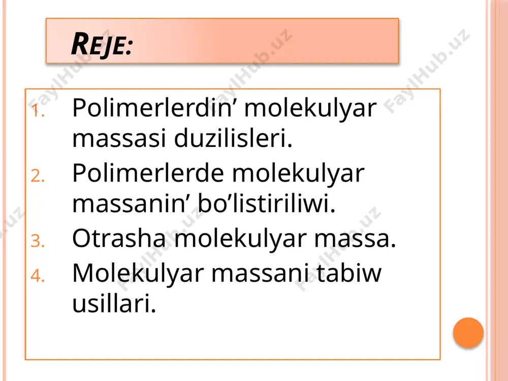 ) sebepli bir qansha quramalidur. a’melde polimerlerdin’ ma’lim konsetraciyali eritpesindegi makromolekulalar sanin aniqlaw menen ortasha molekulyar massa tabiladi: bul jerde ; ; … - turli uzinliqtag’i makromolekularadin’ molekulyar massalari, ; ; … - turaqli molekulyar massalari bolg’an makromolekulalar sani. polimerlerde molekulyar massanin’ bo’listiriliwi. polimerlerde molekulyar massanin’ bo’listiriliwi usi polimerlerdin’ payda boliwi kinetik niazmliliqlarina tiykarlang’an halda teoriyaliq tarepten esaplaniwi yaki ta’jiriybe joli menen aniqlaniwi mumkin. tajriybe joli menen polidisperslik aniqlang’anda polimerler frakciyalarg’a ajratiladi.frakciyalarg’a ajratiw eki turli boladi: preparativ frakciylaw- bunda frakciyalar ajiratip alinip, olardin’ ma’nisleri arnawli usillar menen tekseriledi. analitik frakciyalaw – bunda frakciyalar ayriqsha ajiratip alinbay tajriybeler arqali bo’listiriliw diagrammasi ( iymek sizig’i) siziladi. frakciyalap sho’ktiriw, frakciyalap eritiw,frakciyalap bo’listiw ha’m basqalar prepartiv frakciyalaw delinedi. polimerlerdi polidispersligi, a’dette, grafik penen an’latiladi, bul usil frakciyalaw natiylaerin jaqsi suwretleydi. frakciyalaw natiyjesinde tajiriybeden aling’an mag’liwmatlar tiykarinda molekulyar massanin’ bo’listiriliw grafigin siziw ushin ordinatalar og’ina har frakciya massasinin’ polimer massasina qatnasi, absiscalar og’ina bolsa usi …