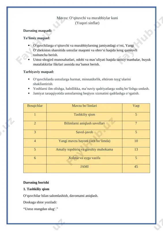 ustuvor yo‘nalishiga aylandi. · prezident qaror va farmonlari asosida o‘qituvchilar moddiy va maʼnaviy jihatdan qo‘llab-quvvatlanmoqda. masalan, ularning oylik maoshlari oshirilmoqda, malaka oshirish tizimi takomillashtirilmoqda. · o‘qituvchilarning obro‘sini oshirish uchun xalqaro konferensiyalar, ustozlarni taqdirlash marosimlari, davlat mukofotlari joriy etilgan. 2. ustoz va shogird burchi · ustoz burchi: bilim berish, tarbiya qilish, shogirdni mustaqil fikrlashga o‘rgatish. · shogird burchi: ustozni hurmat qilish, o‘rganganini amalda qo‘llash, yuksak inson bo‘lish. · buyuk mutafakkirlar taʼkidi: · alisher navoiy: “ustozsiz shogird yo‘ldan adashur.” · abu nasr forobiy: “ilmsiz odam yo‘qsiz uy kabidir.” · demak, ustozsiz bilimga erishib bo‘lmaydi, shogird esa ustozga bog‘langan holda yuksaladi. [image: c:\users\e-maxuser\downloads\nvjv2behdkzor4meqepdv4reb36jc3sachvcdoaizecfr3dnitcq_3_0.png] 3. ustoz va shogird odobi · ustoz sabr-toqatli, adolatli, talabchan va mehribon bo‘lishi lozim. · shogird ustoz oldida kamtar, diqqatli, odobli bo‘lishi zarur. · milliy anʼanalarimizda ustozni otadek, onadek hurmat qilish qadimdan mavjud bo‘lgan. · bugungi kunda ham ustoz va shogird o‘rtasidagi odob ilmiy-texnik taraqqiyot sharoitida yangicha maʼno kasb etmoqda. …