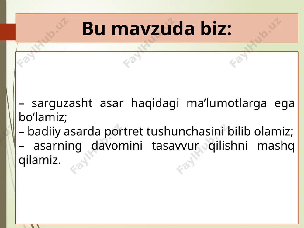 g. unda nimalar tasvirlangan? asarda dik va uning do‘stlari qanday sarguzashtlarga duch kelishi mumkin? sarguzasht asar nima? qahramonlar boshidan kechirgan sarguzashtlar, kutilmagan, qiziqarli voqealar haqida bayon qiluvchi asarlar sarguzasht asarlar deyiladi. sarguzasht asarlardagi voqealar kundalik hayotdagi voqealardan farq qiladi. ularda qahramonlar turli noma’lum o‘lkalarga sayohat qilishadi, xavf-xatarlarni yengib, qahramonlik ko‘rsatishadi. sarguzasht asarlarning yana bir o‘ziga xos xususiyati-ulardagi voqealar tez rivojlanadi. sarguzashtlar vositasida bosh qahramon xarakteriga xos xususiyatlar takomillashib boradi. oﬁtser – harbiy xizmatchi navigatsiya – kemalar harakatlanishi haqidagi fan yangi dunyo – amerika qit’asi reya – machta o‘rtasidagi gorizontal taxta paluba – kema sahni bizan-machta – kemadagi kichik machta grot-machta – kemadagi eng baland machta bushprit – kema tumshug‘idagi machta shtirbort – kemaning o‘ng taraﬁ savol: jek va dik ko‘rib qolgan kema qanday kema bo‘lishi mumkin? asarning davomida qanday voqealar sodir bo‘ladi deb o‘ylaysiz? badiiy tahlil asoslarini o‘rganamiz: portret badiiy asarda qahramonning tashqi qiyofasi, kiyimi, yuz ifodalari va xatti-harakatlari tasviri …